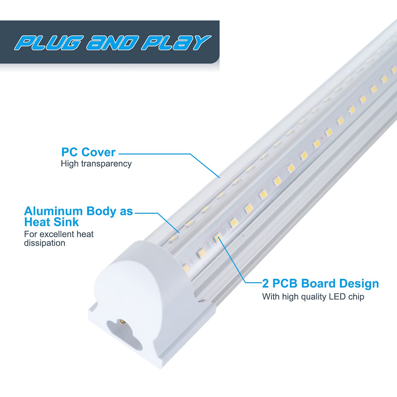 6 Pack T8 LED 5FT 48W Integrated V-Shaped Linkable LED Tube Lights - 6000K Daylight White for Coolers, Freezers, Garages & Commercial Spaces - Energy Efficient Shop Lighting with On/Off Switch & Clear Cover (Ideal for Supermarkets, Grocery Stores & Warehouse Lighting)