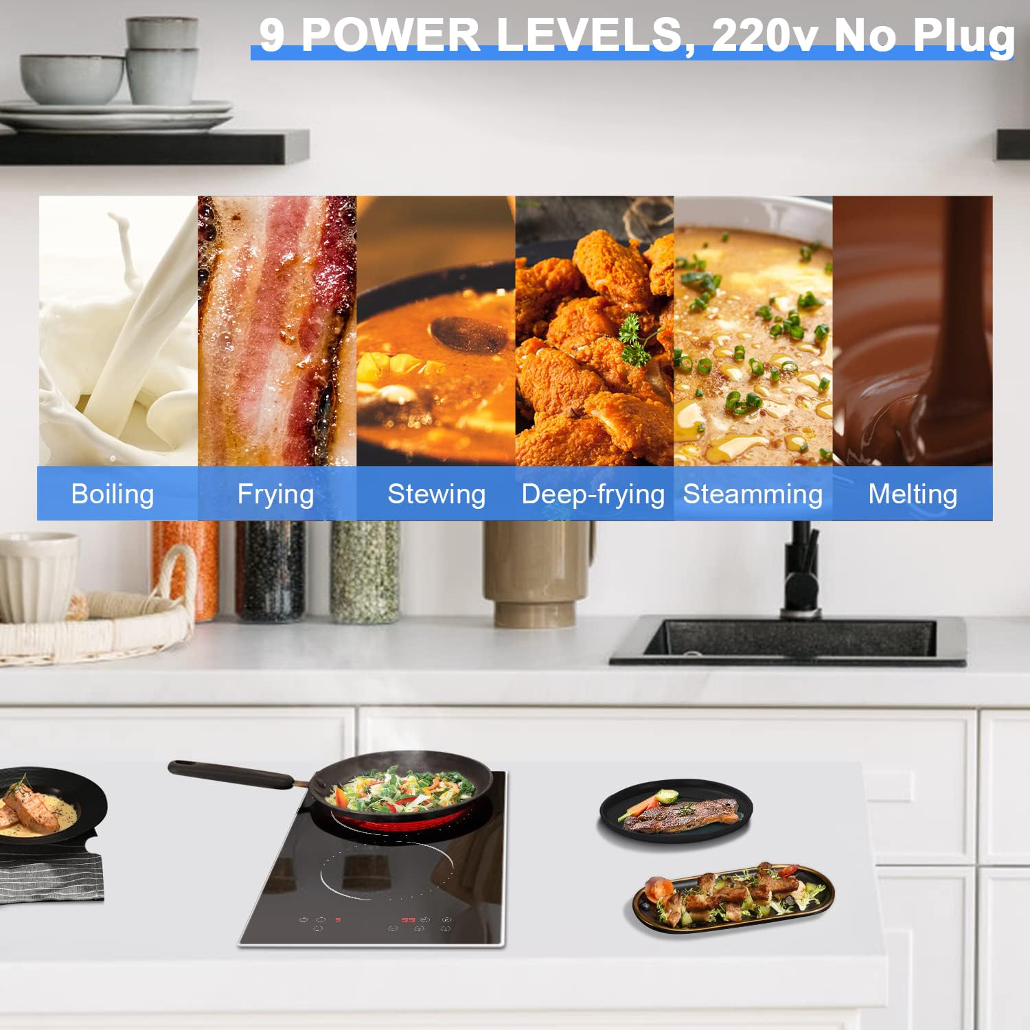 Hobsir 12-inch 2 Burner Electric Cooktop - 3200W Built-in Ceramic Stove with Touch Control, Timer & Safety Lock - 9 Power Levels, 220V-240V Hardwired (No Plug) - Perfect for Small Kitchens, Apartments & RVs