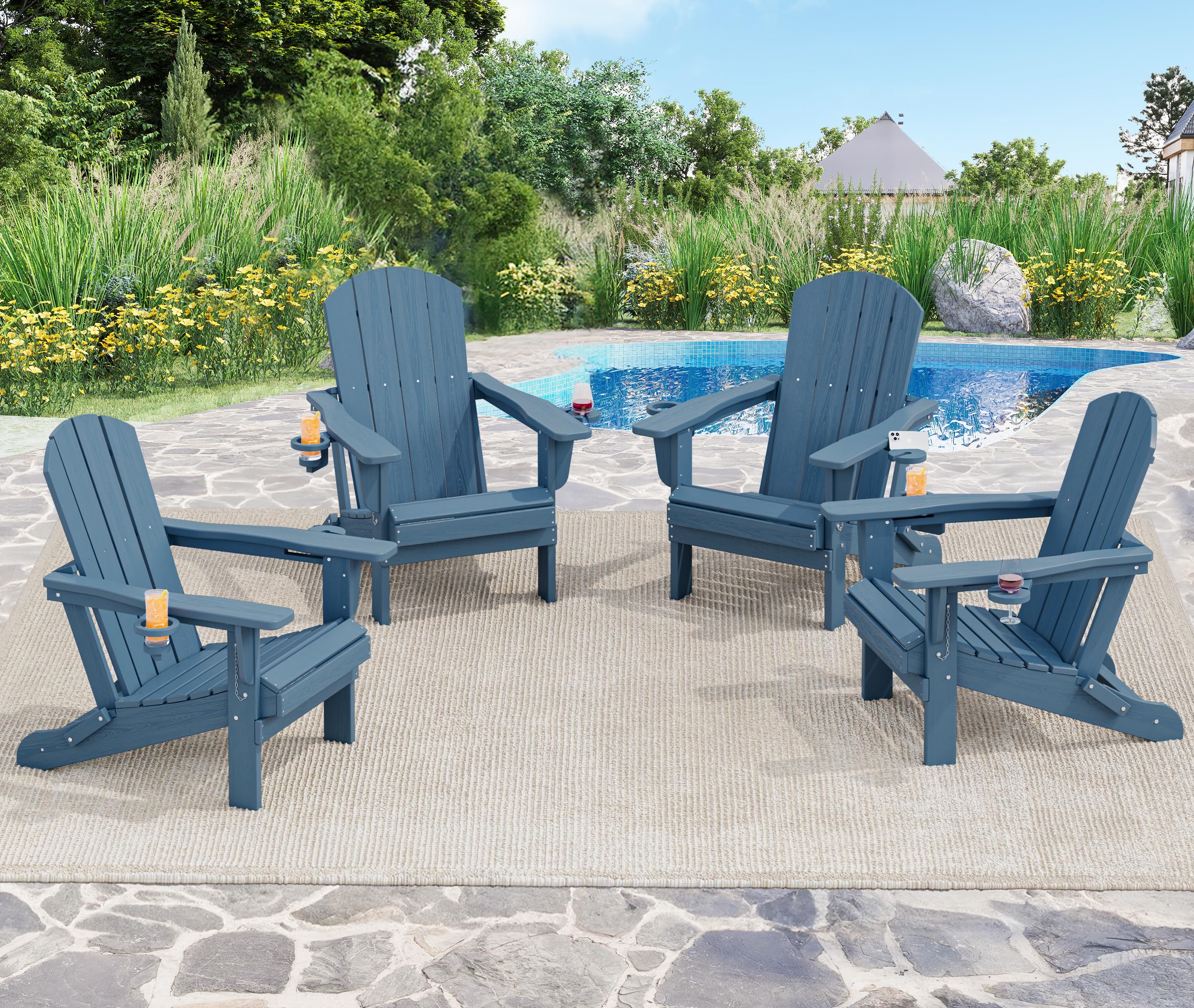 SERWALL Folding Adirondack Chair Set of 4 - HDPE Plastic Outdoor Patio Furniture with Real Wood Look - Navy Blue - Perfect for Backyard, Poolside, and Garden Relaxation