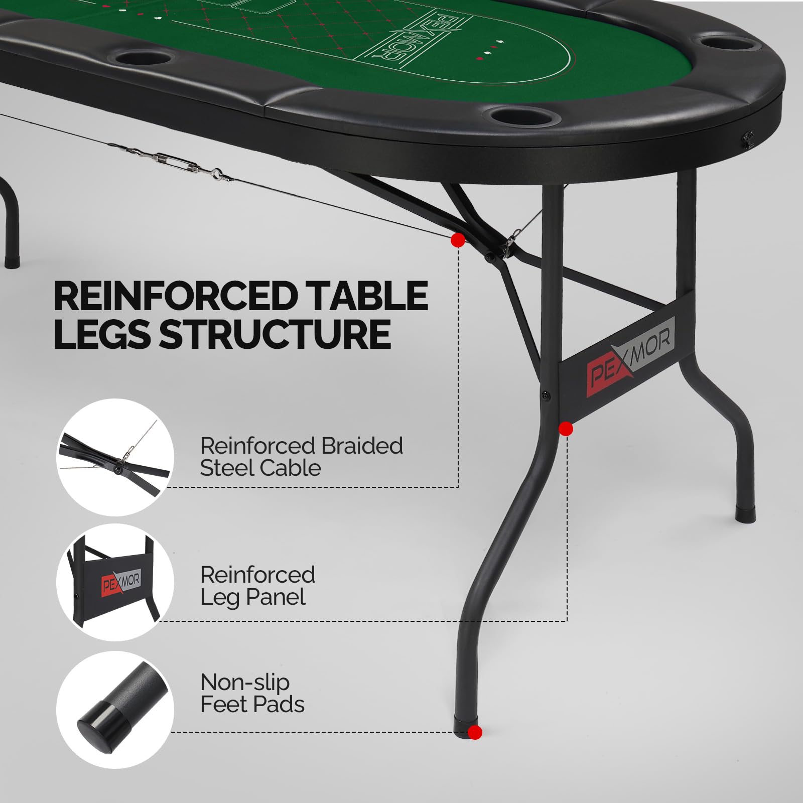PEXMOR 8 Player Foldable Poker Table with Casino-Grade Felt & Stainless Steel Cup Holders - Texas Holdem Blackjack Game Table for Home & Casino Nights - Water-Resistant Cushioned Rail & Easy Assembly - Perfect for Poker Parties, Game Nights & Casino-Themed Events