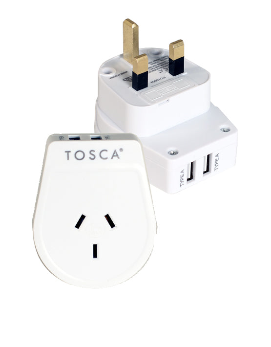 Tosca TCA042 UK+HK Dual USB Port Travel Adapter - White | Fast Charging for Phones & Tablets | Perfect for UK, Hong Kong & International Travel