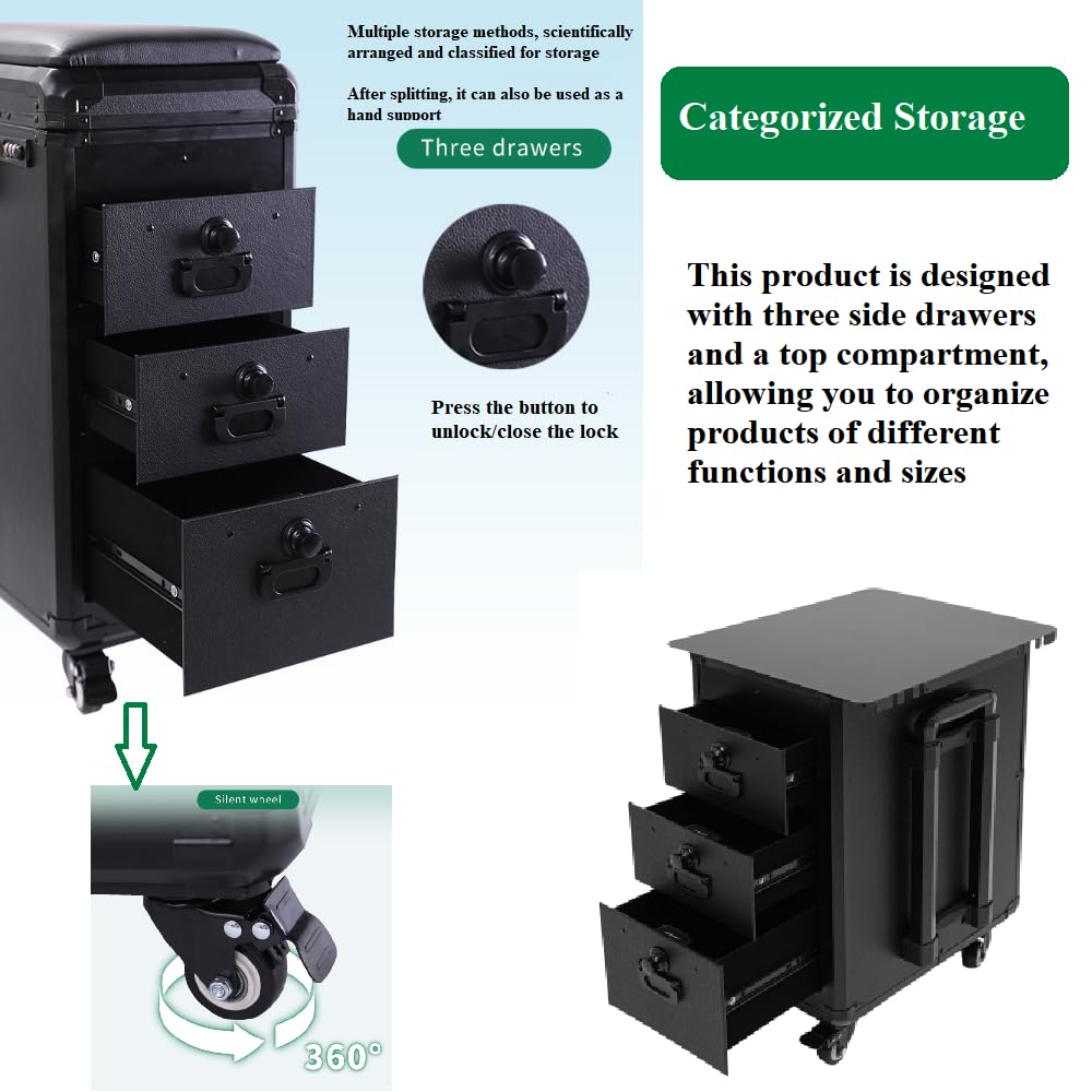 Professional Rolling Makeup Case with Tattoo Armrest Stand - 4 Universal Wheels & Combination Lock - Portable Cosmetic Organizer for Makeup Artists (Metal Panel) | Ideal for Salon, Tattoo Studio & Mobile Beauty Services