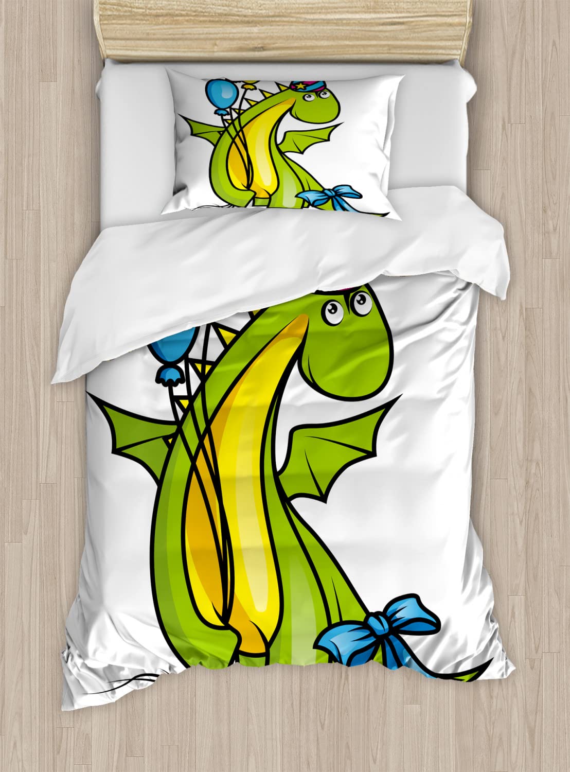 Ambesonne Dinosaur Duvet Cover Set - Twin Size 2-Piece Bedding with Fern Green & Yellow Balloon Print - Fun Kids Birthday Party Theme for Boys & Girls - Perfect for Dinosaur Themed Bedrooms & Sleepovers