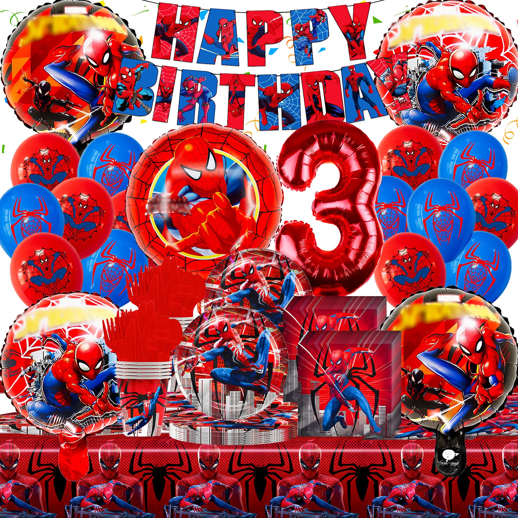 **Gozuein 93-Piece Spiderman Birthday Party Decorations Set - Balloons, Plates, Napkins, Tablecloth for Kids' 3rd Birthday & Superhero Themed Parties - Perfect for Indoor & Outdoor Celebrations**
