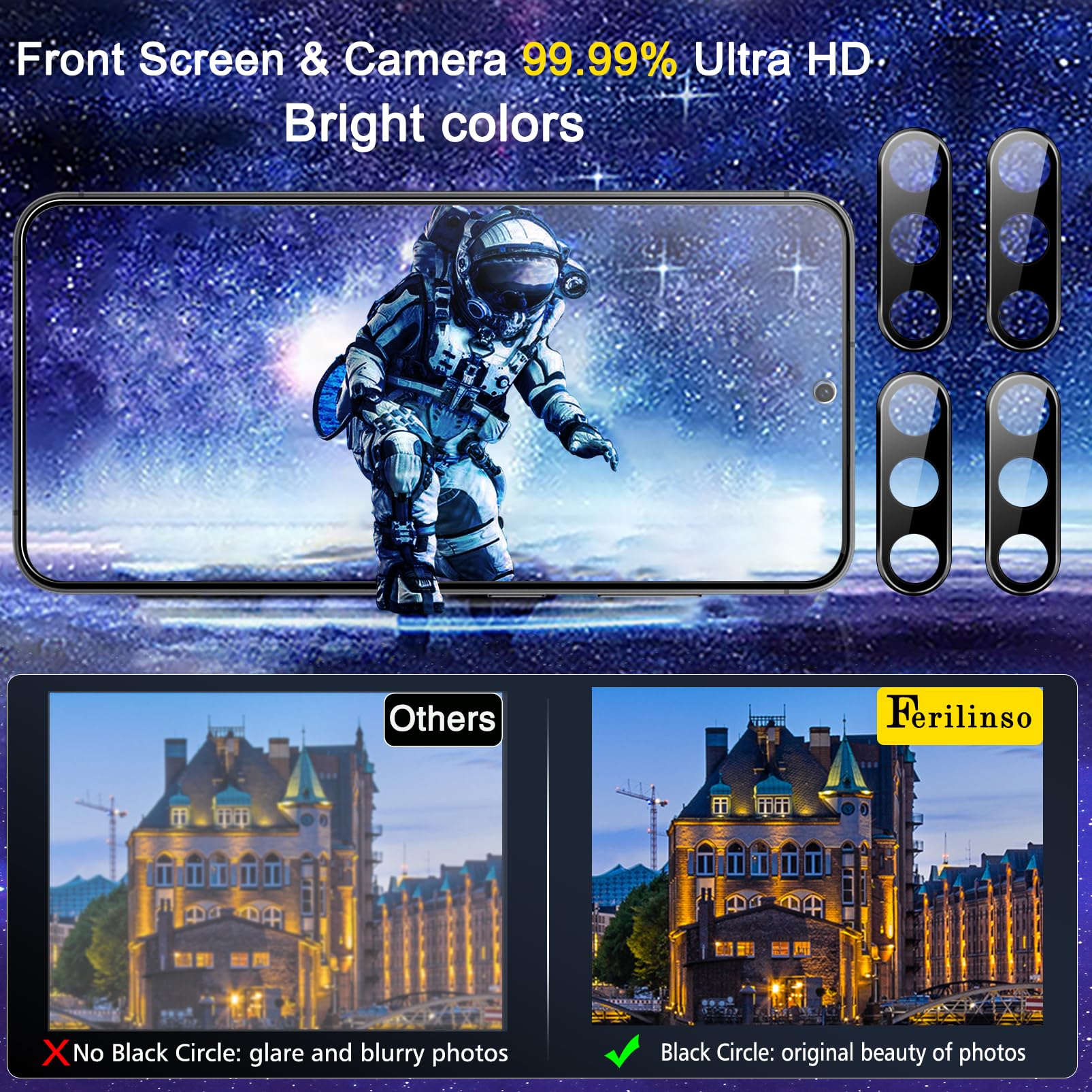 Ferilinso 4 Pack Screen Protector + 4 Pack Tempered Glass Camera Lens Protector for Samsung Galaxy S24 (6.2 Inch) - Case Friendly, Anti-Scratch, HD Clear - Perfect for Daily Use, Travel & Outdoor Protection
