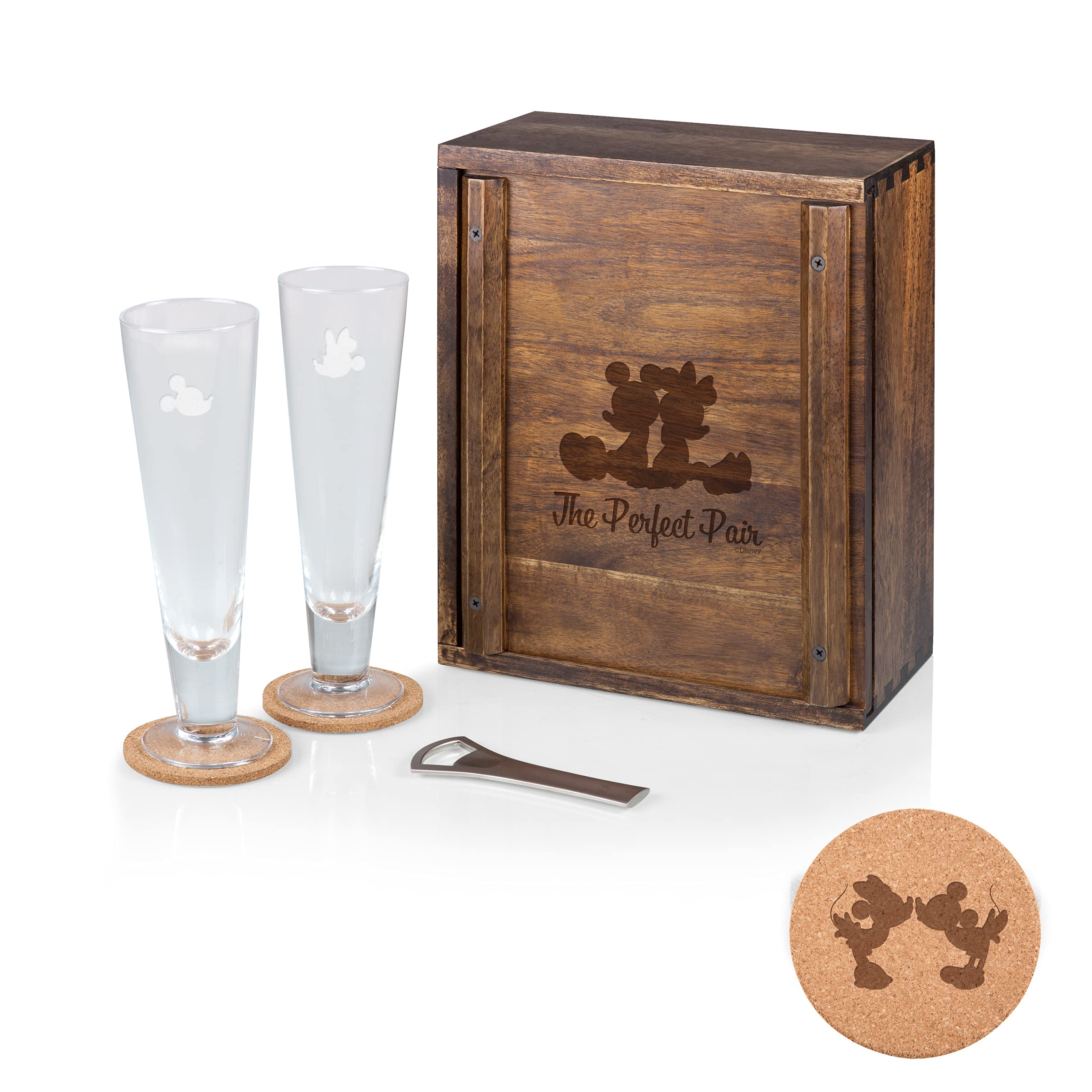 Disney Mickey Mouse & Minnie Mouse Acacia Wood Drinking Glasses Gift Set - Perfect for Disney Fans, Birthday Gifts, Anniversary Presents, and Themed Parties