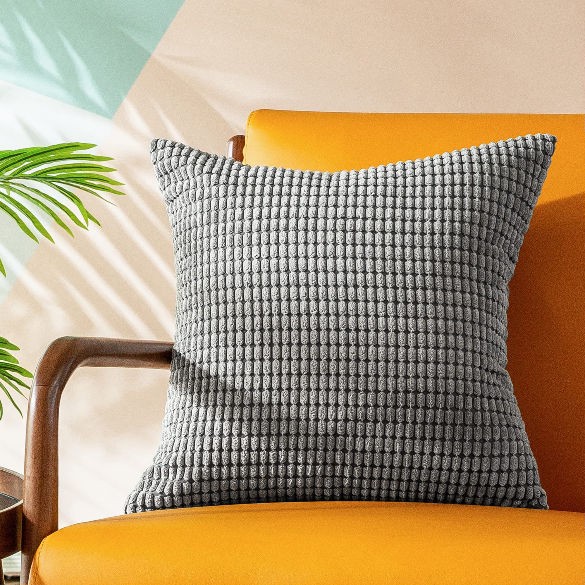 Premium Corduroy Throw Pillow Covers Set of 2 - 26x26 Inch Farmhouse Striped Waffle Design Cushion Cases for Sofa, Couch & Bed - Medium Grey - Perfect for Living Room Decor & Cozy Home Styling