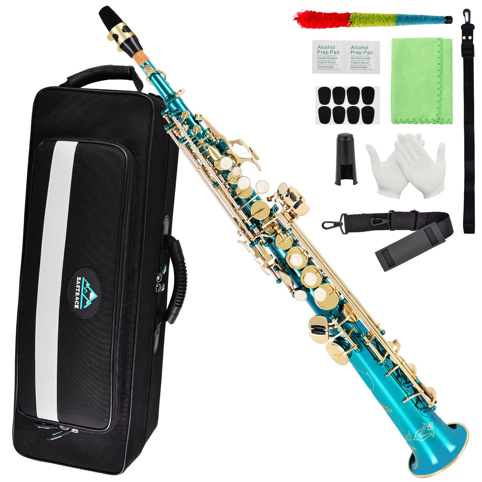 EASTROCK Bb Soprano Saxophone - Professional Straight Sax Instrument for Beginners & Intermediate Players with Carrying Case, Mouthpiece, Pads, Reed, Cleaning Kit, Neck Strap & White Gloves (Lake Blue) | Perfect for School Bands, Jazz Ensembles & Solo Practice