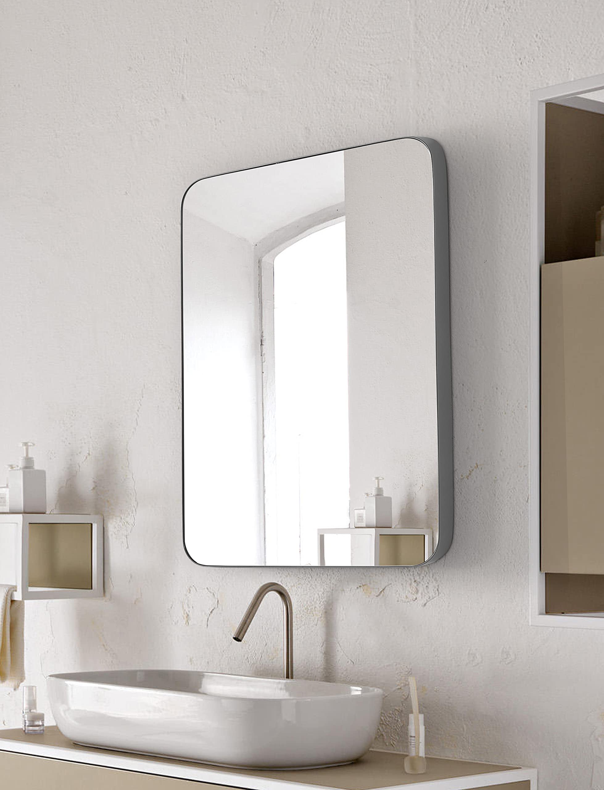 Mirrona 24x36 Inches Modern Gray Rectangle Wall Mirror with Aluminum Frame - Bathroom, Living Room, Entryway & Vanity Decor - Perfect for Home, Office & Spa Settings