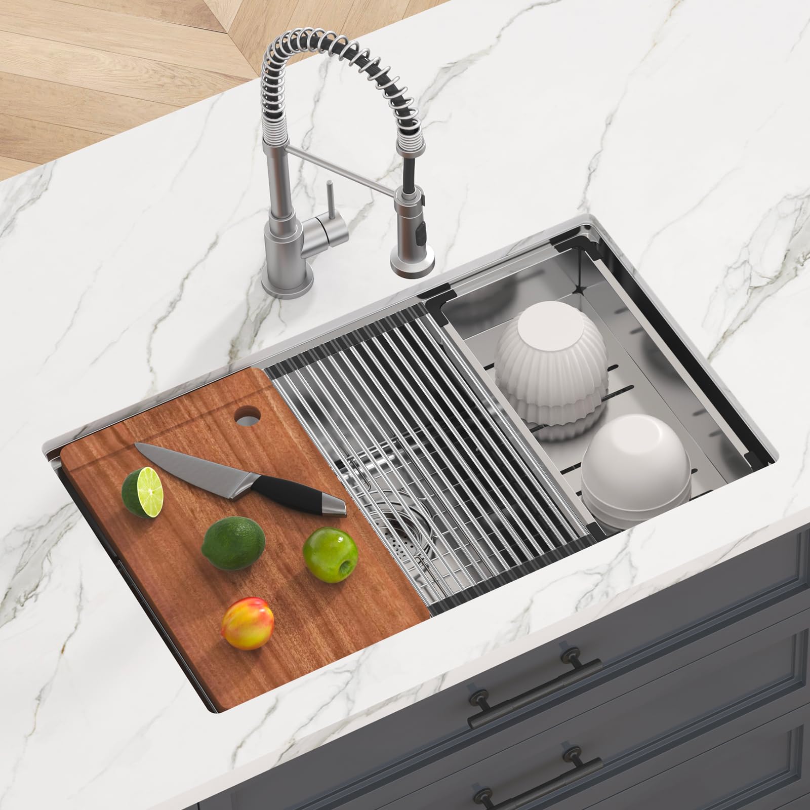 VEVOR 30 Inch 304 Stainless Steel Kitchen Sink - Single Bowl Drop-In/Undermount Design with Drainboard & Accessories - Perfect for Home Kitchens, RV, Prep Stations & Bars - Durable & Stylish Sink for Dishwashing, Food Prep & Entertaining