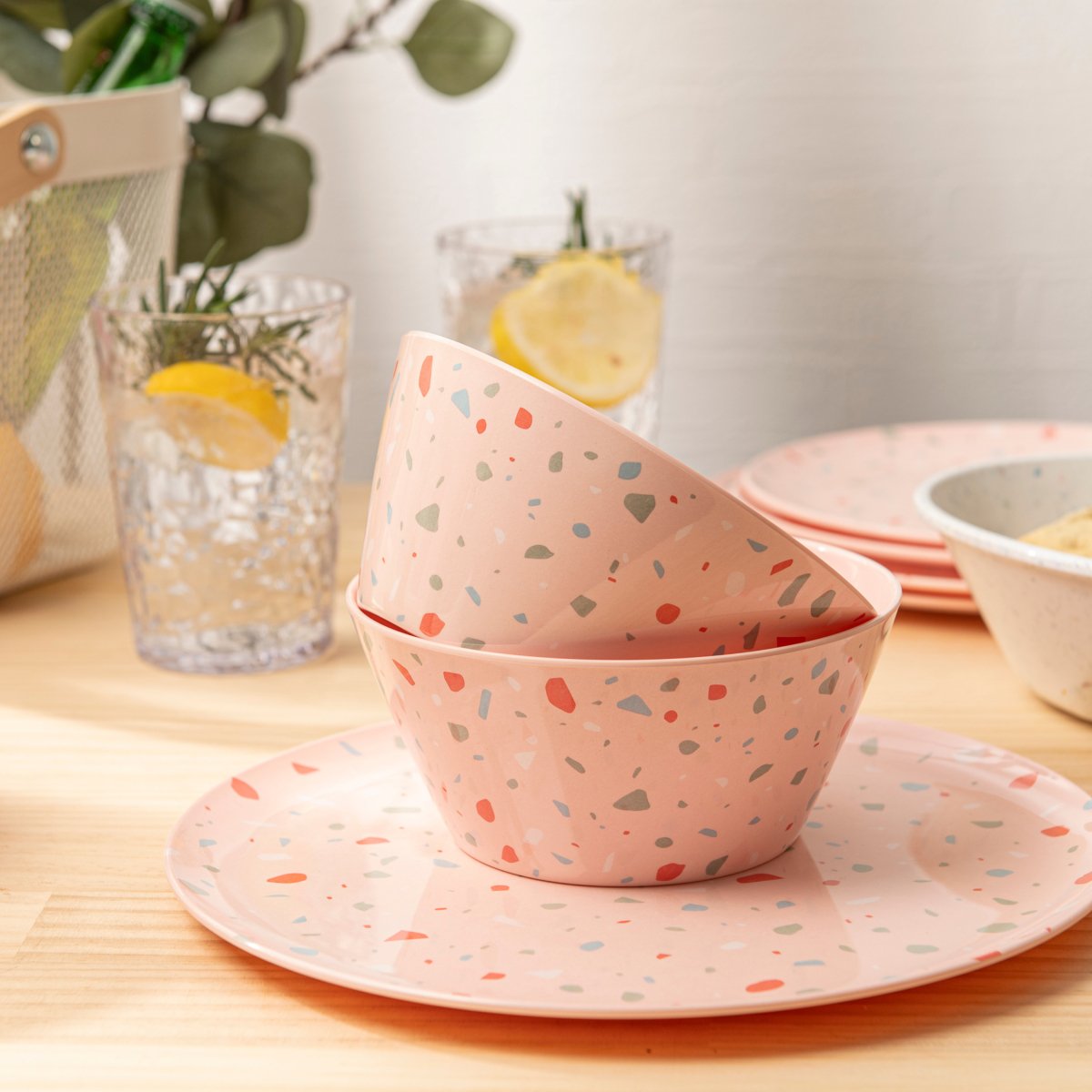 12-Piece Outdoor Dinnerware Set - Pink Confetti Design - Durable Melamine Plates, Bowls & Cups - Perfect for Picnics, BBQs, and Pool Parties