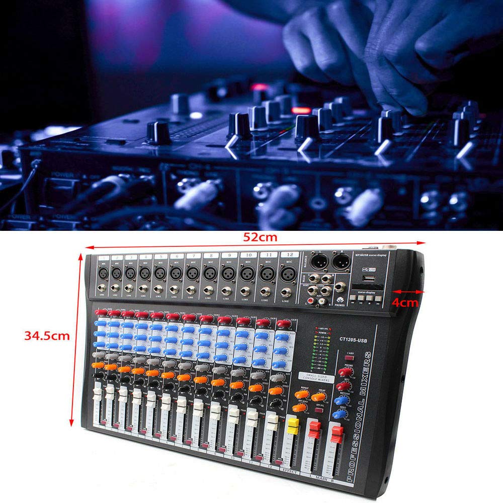 12 Channel USB Audio Mixer Console with 48V Phantom Power - Professional Studio Sound Board for Live Recording, DJing & Podcasting - Perfect for Home Studios, Church Events & Music Production