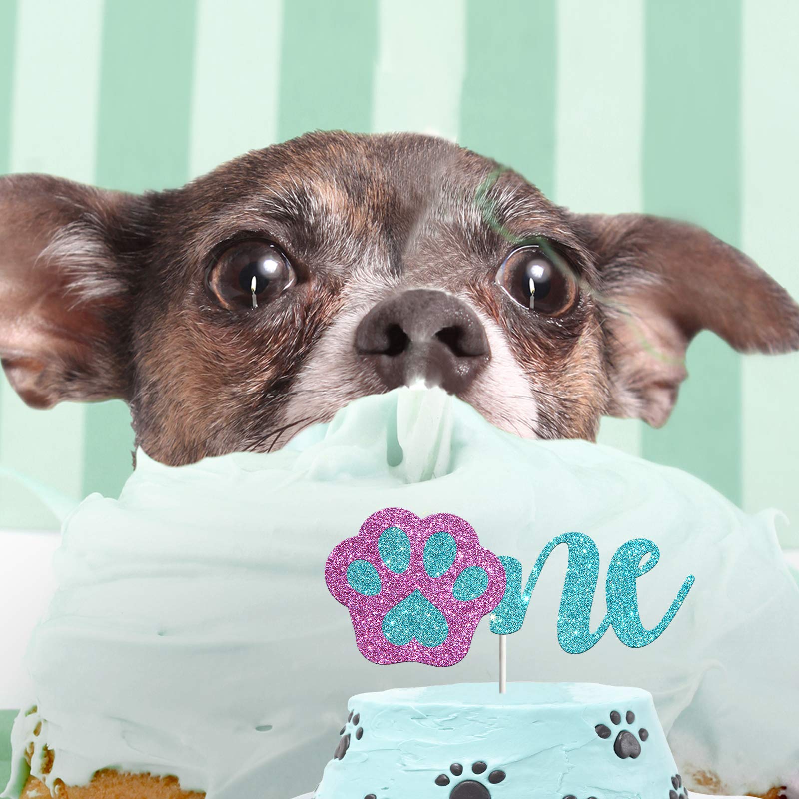 Happy 1st Birthday Cake Topper for Dogs - Lets Pawty One Glitter Dog Cake Decorations in Blue & Pink - Perfect for Puppy Birthday Party Supplies & Pet Celebration Cakes