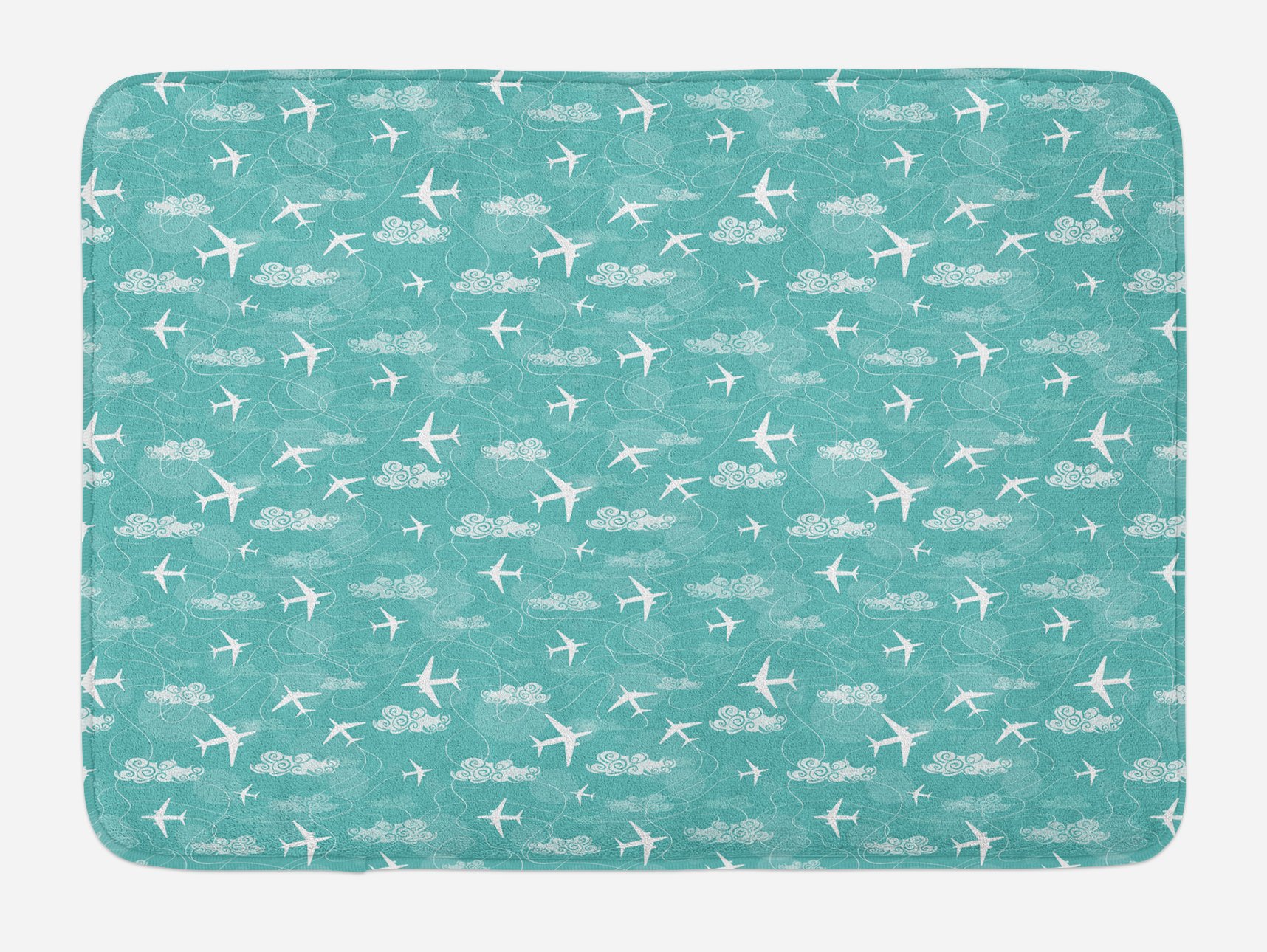 Ambesonne Airplane Bath Mat - Non-Slip Plush Bathroom Rug with Travel Vacation Theme, 30.2 x 20 Inches, Turquoise & White - Perfect for Kids' Bathrooms, Guest Suites & Aviation-Themed Decor