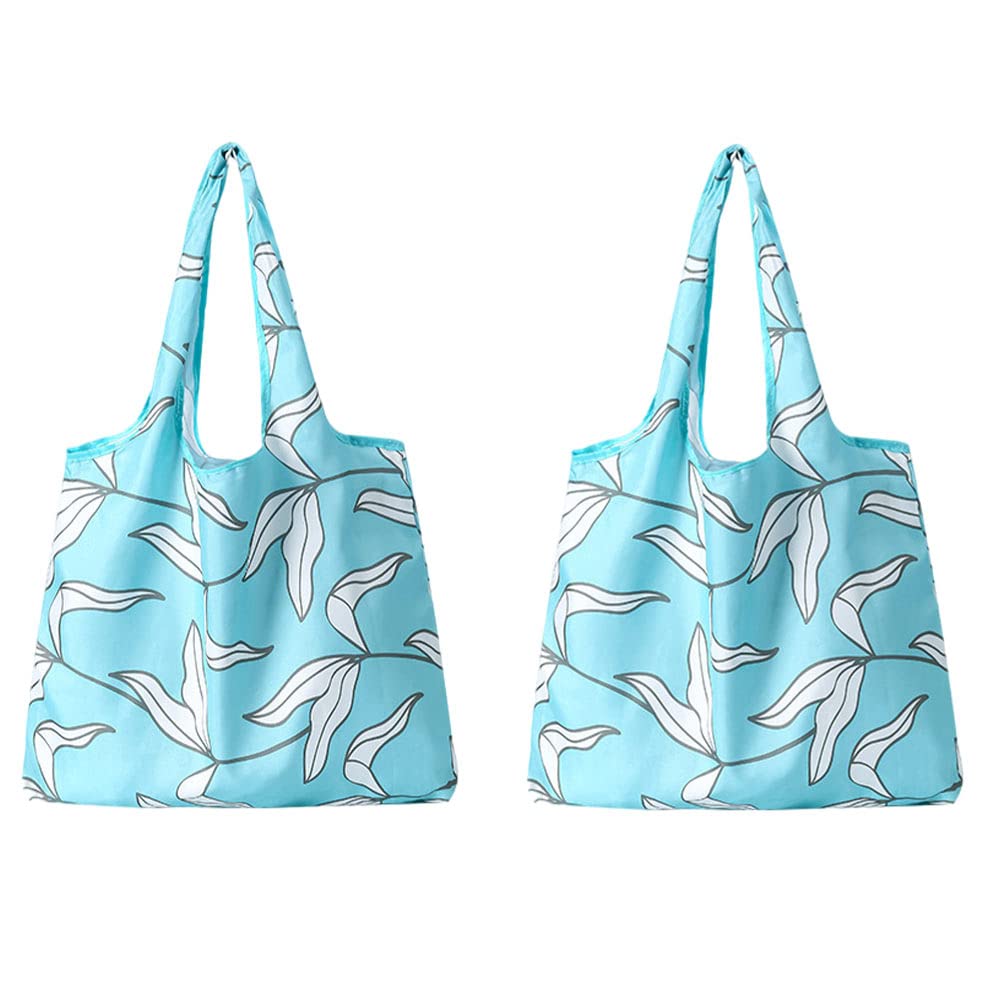 2 Pack Reusable Foldable Grocery Shopping Bags - Large Waterproof Ripstop Nylon, Machine Washable Eco-Friendly Tote with Storage Pouch (Blue Lily Pattern) - Perfect for Groceries, Farmers Market, Travel & Beach Trips