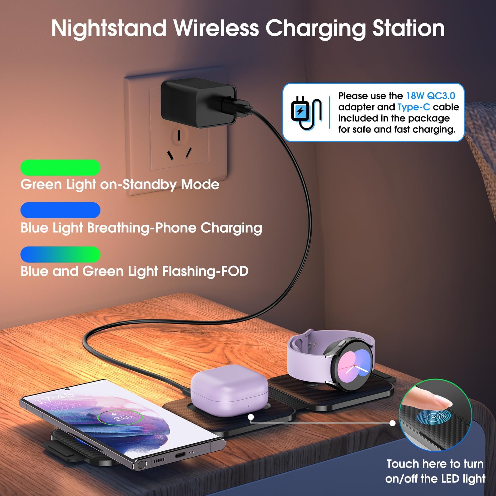 Foldable Wireless Charging Station for Samsung S25 Ultra/S24/Z Flip 6/5 - Portable Travel Charger with Watch & Buds Charging - Compatible with Samsung Watch 7/Buds Pro3/2 (Black) | Perfect for Home, Office & Travel Use