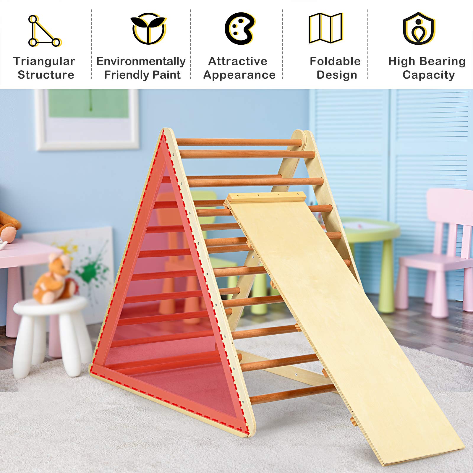 HONEY JOY 2-in-1 Foldable Wooden Triangle Climber with Ramp, Ladder & Slide - Indoor Toddler Climbing Set for Playground, Gym & Daycare - Perfect Gift for Boys & Girls (Natural) - Ideal for Montessori Play, Home Exercise & Early Childhood Development