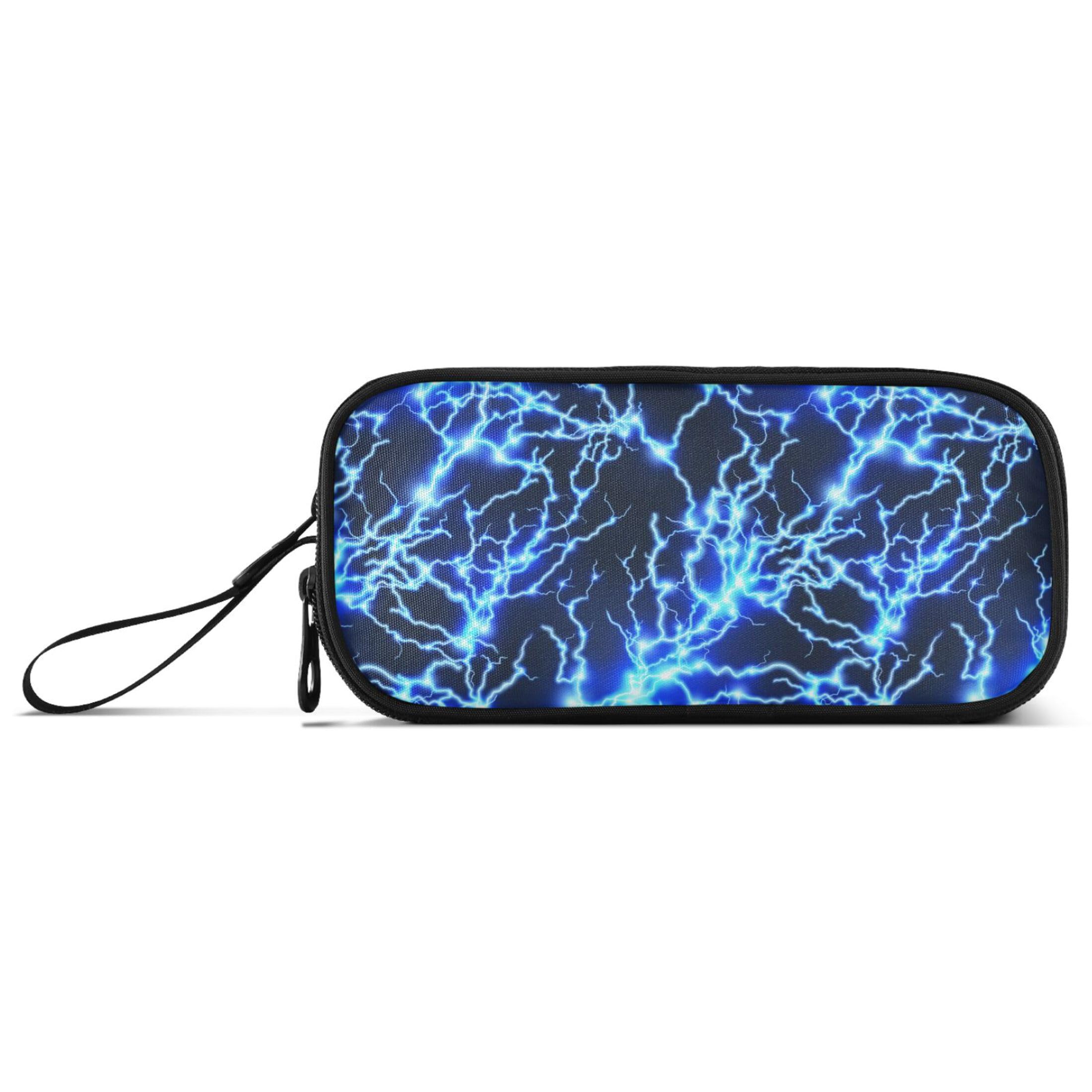 Lightning Bolt Printed Cool Blue Zipper Pencil Case - 3 Compartment Pen Organizer for School, Office & Travel - Durable Pouch for Pens, Markers & Art Supplies