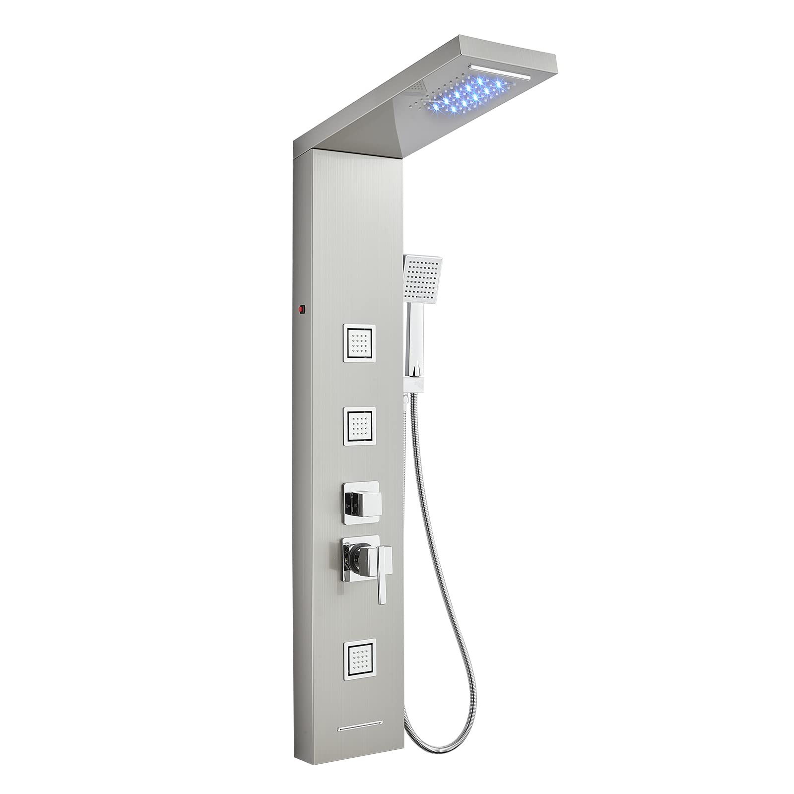 5-in-1 LED Shower Panel Tower System with Rainfall Shower Head, Waterfall Shower, 3 Massage Jets & Handheld Spray - Perfect for Modern Bathroom Renovation & Spa Experience