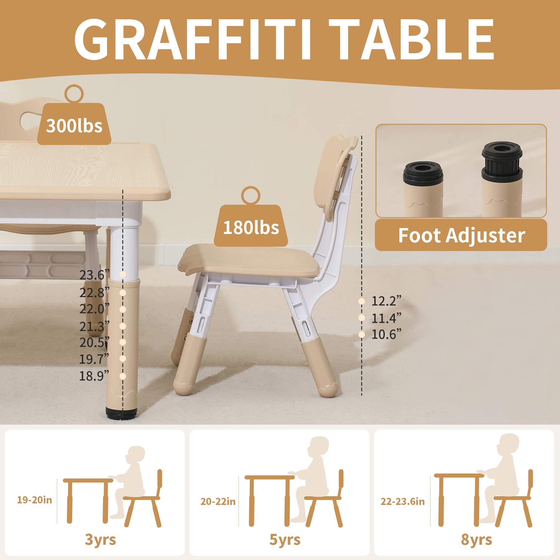 **Adjustable Kids Table and 4 Chairs Set - Graffiti Desktop Toddler Study Table for Boys & Girls (3-8 Years, 300lbs Capacity) - Perfect for Learning, Drawing & Playtime**