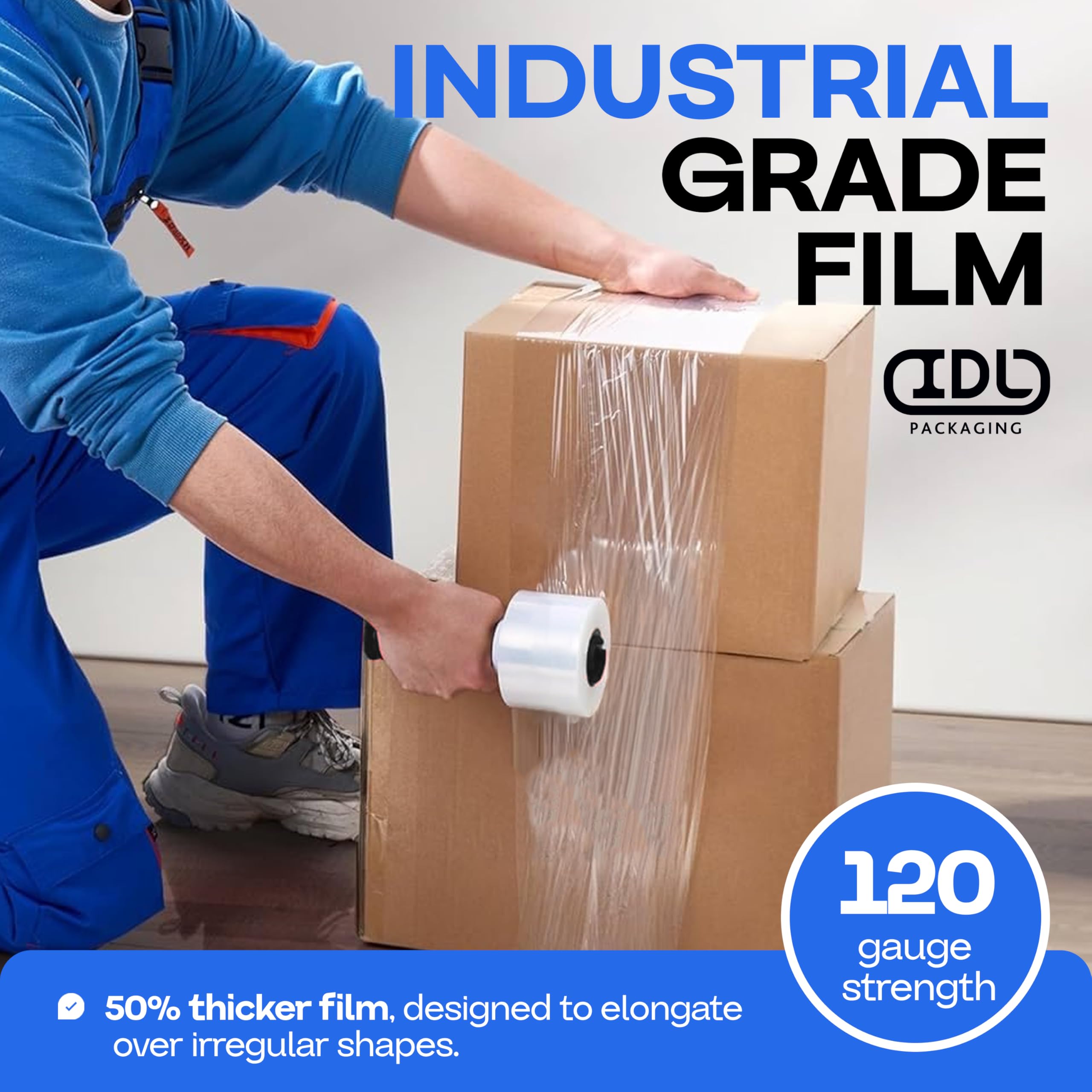 IDL Packaging 3 Inch Stretch Wrap Mini Roll - 700 Feet, 120 Gauge (12 Pack) with Plastic Handle - Industrial Grade Clear Plastic Wrap for Secure Packing, Moving, Shipping & Office Use - Heavy Duty Protection for Boxes, Pallets & Storage