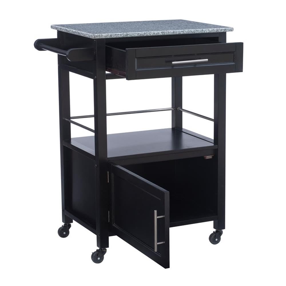 Linon Mitchell Wood Granite Top Rolling Kitchen Cart with Ample Storage - Black | Perfect for Small Kitchens, Dining Rooms & Outdoor Entertaining