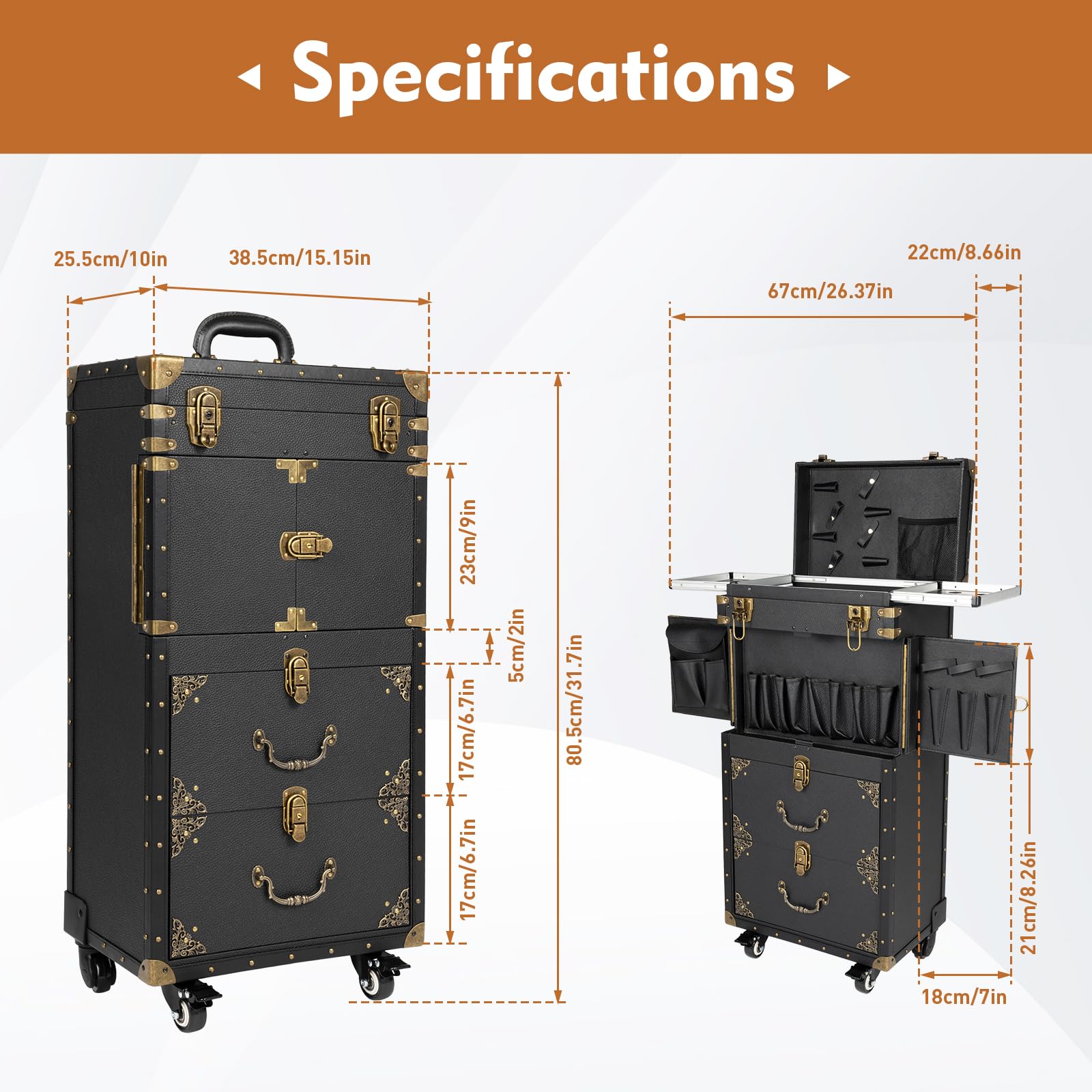 Lockable Rolling Makeup Train Case - Professional Beauty Salon Trolley with Hair Dryer Holder | Travel Cosmetic Organizer & Tool Box | Perfect for Mobile Stylists, Salon Professionals & Makeup Artists (Black)