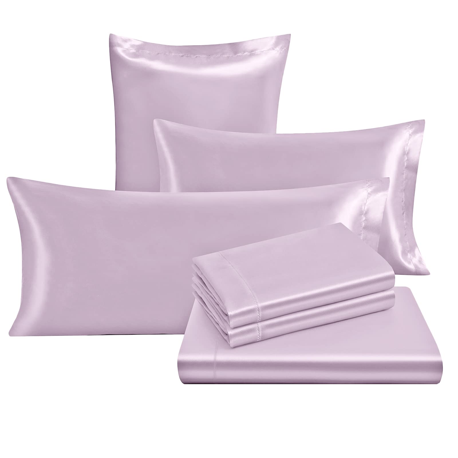 Luxury 7-Piece Satin Sheet Set Queen Size - Silky Soft Lavender Satin Bedding with Deep Pocket Fitted Sheet, Flat Sheet & 4 Pillowcases + Body Pillowcase for Bedroom Decor & Romantic Nights