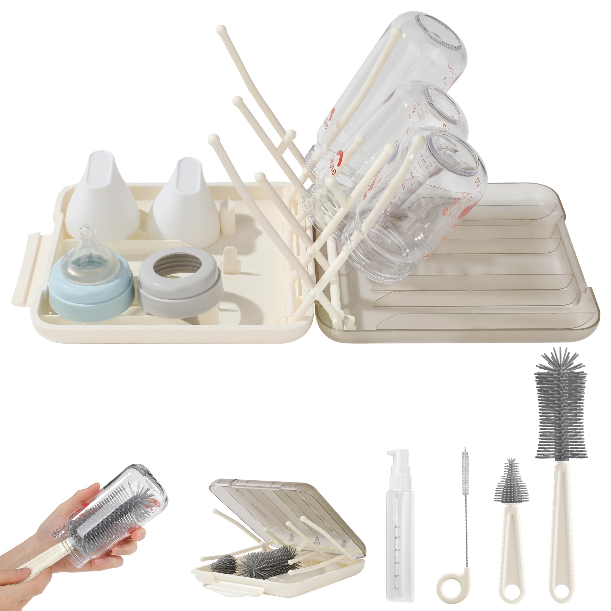6-in-1 Baby Bottle Brush Set with Drying Rack & Storage - Home & Travel Essentials