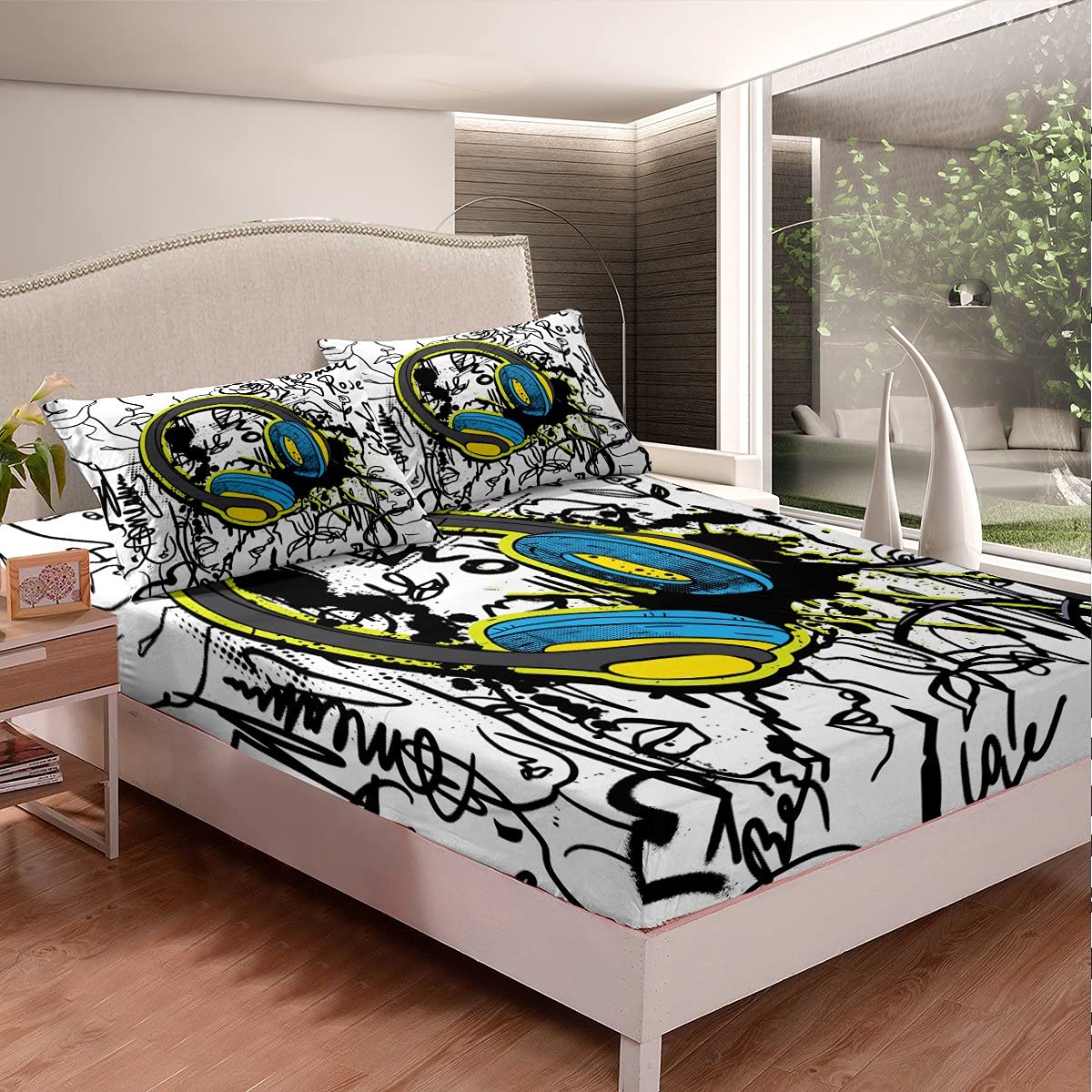 Boys Headphones Fitted Sheet Twin Size - Tie Dye Graffiti Design Bedding Set for Teens & Youth | Hip Hop Rock Bed Cover for Kids Bedroom Decor | Perfect Christmas Gift for Music Lovers (Great for Dorm Rooms, Sleepovers & Teen Bedrooms)