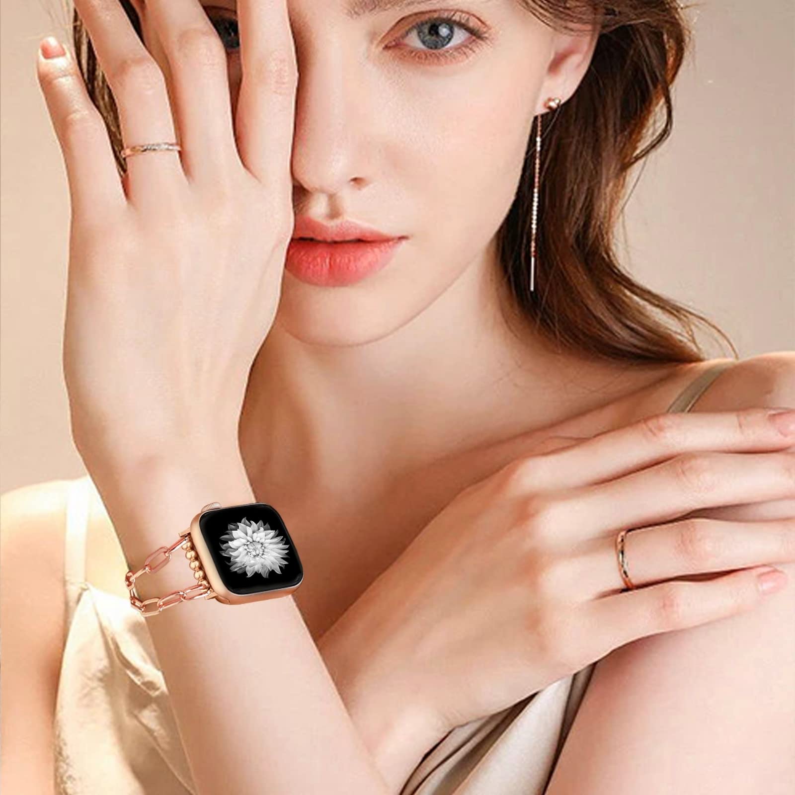 MORWLAT Slim Metal Bracelet Compatible with Apple Watch 42mm 44mm 45mm - Rose Gold Jewelry Band for Women, Series 7/SE/6/5/4/3/2/1 - Perfect for Work, Parties & Everyday Wear