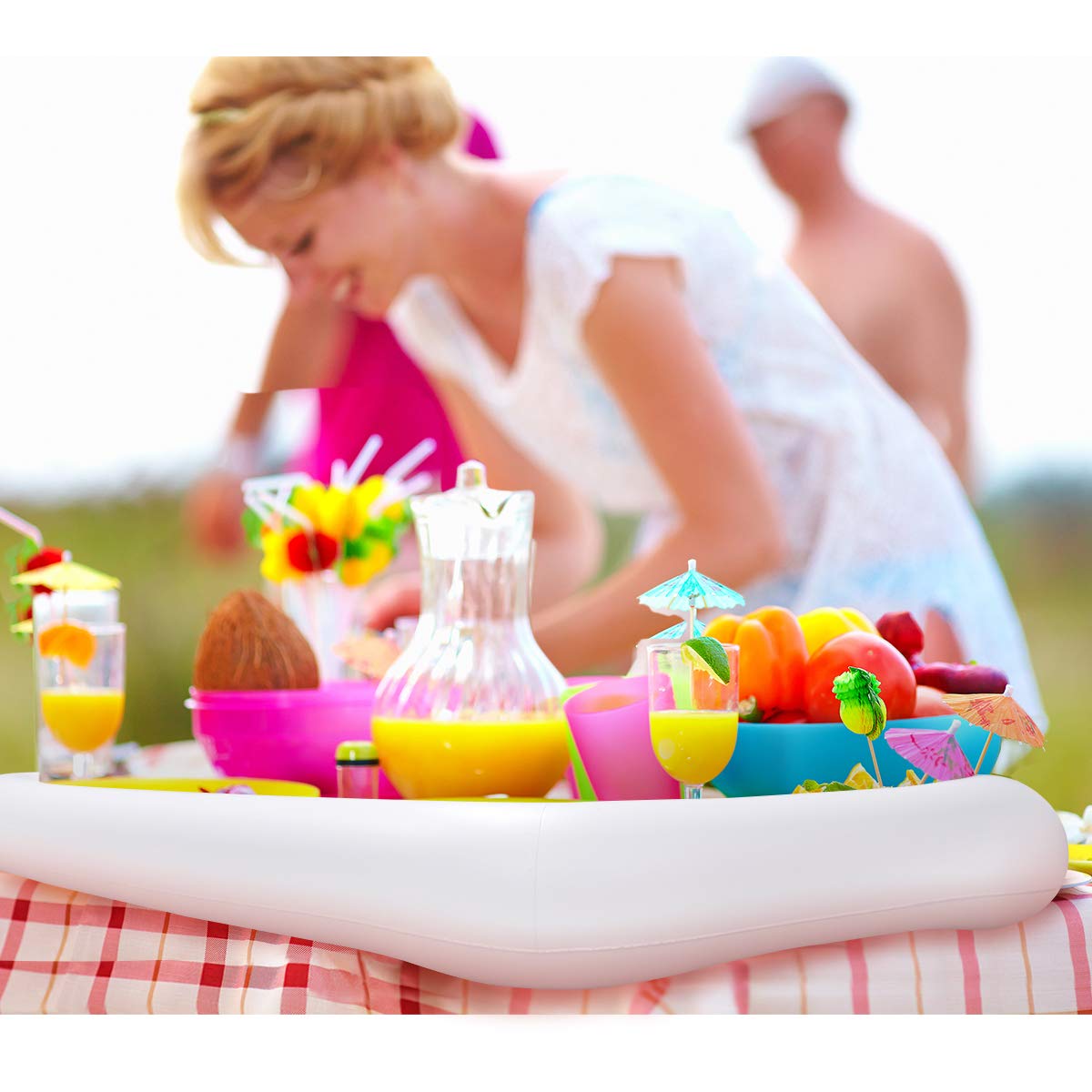 2PCS Inflatable Serving Bars with Drain Plug - Food Drink Salad Buffet Tray with Mesh Food Cover for Indoor Outdoor Party, Pool Picnic, Luau, BBQ, Camping & Beach Gatherings
