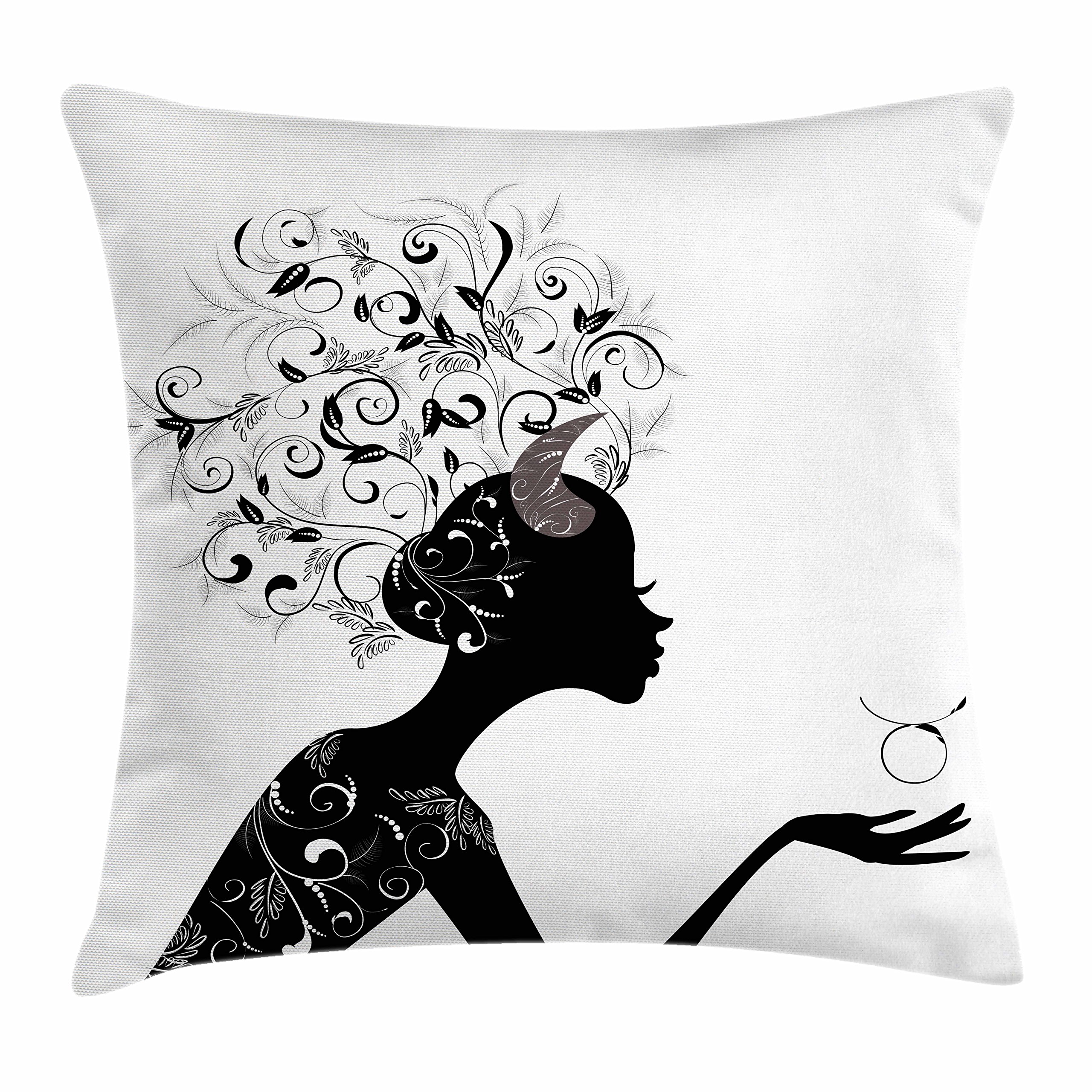 Ambesonne Zodiac Taurus Throw Pillow Cover 16x16 Inches - Floral Ornate Lady Silhouette Print in White & Black - Decorative Square Cushion Case for Sofa, Bed, Living Room Decor