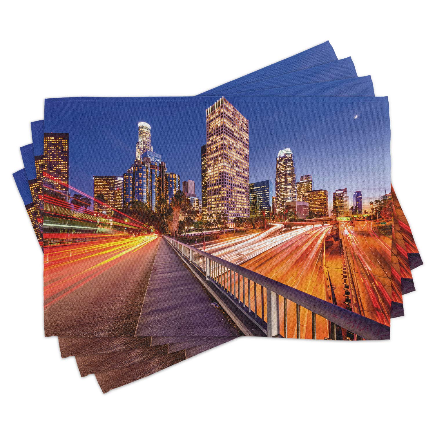 Ambesonne 4-Pack Night Place Mats - USA Downtown City Skyline Over Highway Los Angeles California Travel Design - Washable Fabric Placemats for Dining Table & Kitchen Decor - Multicolor - Perfect for Dinner Parties, Holiday Gatherings & Home Decor