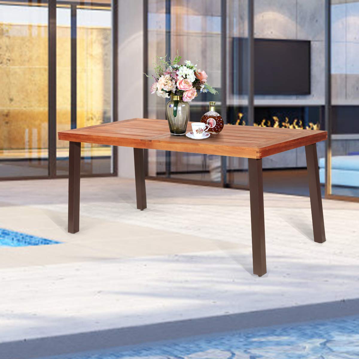 **Giantex Outdoor Patio Dining Table with Umbrella Hole - Acacia Wood Rectangular Picnic Table for Backyard, Garden, Lawn, Farmhouse - Rustic Brown Metal Legs - Perfect for BBQs, Parties & Outdoor Dining**