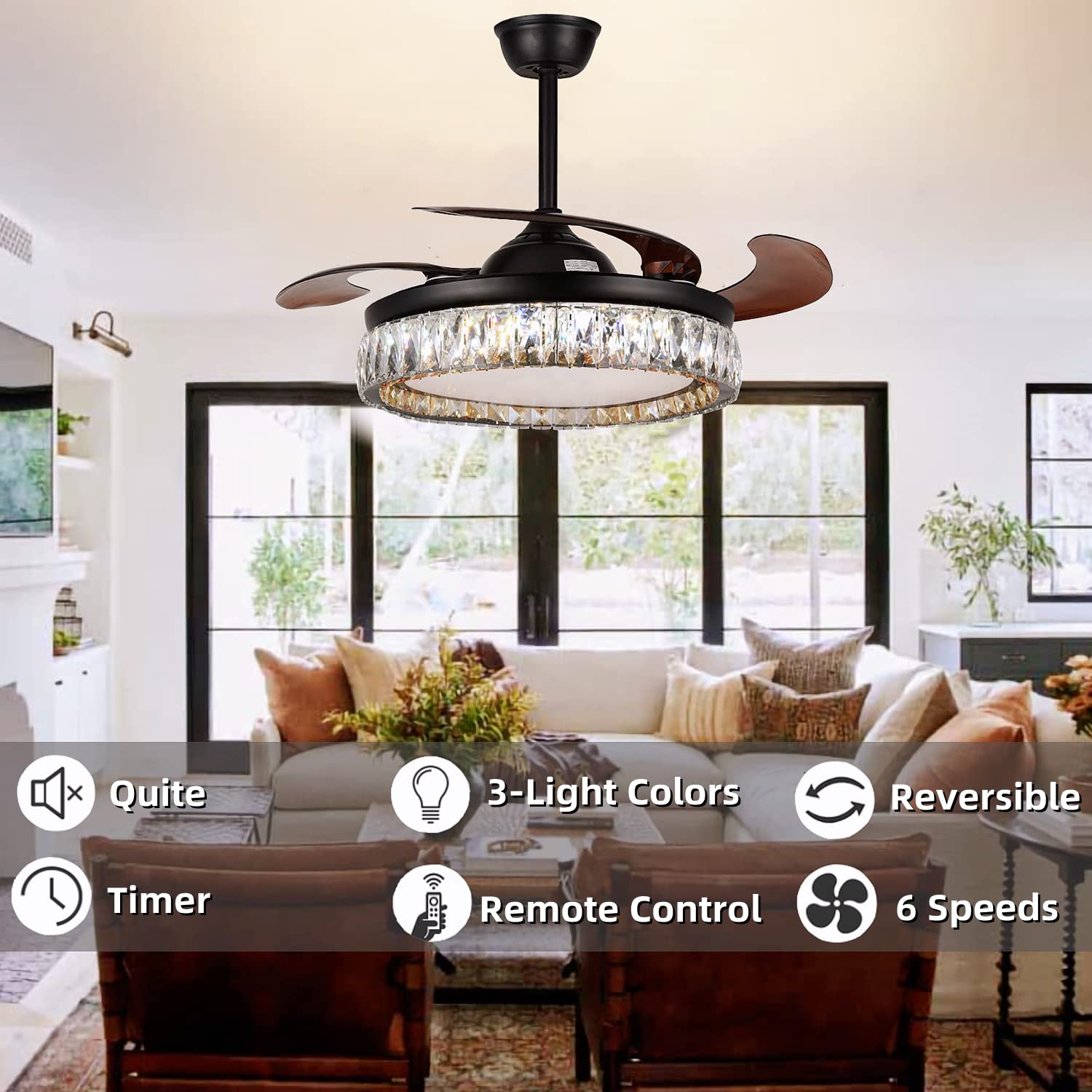 RuiWing 42 Inch Modern Crystal Ceiling Fan with Light - Retractable Blades, 6 Speed Remote Control, Reversible Function & 3 Color Lighting - Black Chandelier Fan for Living Room, Bedroom, Dining Room & Indoor Spaces