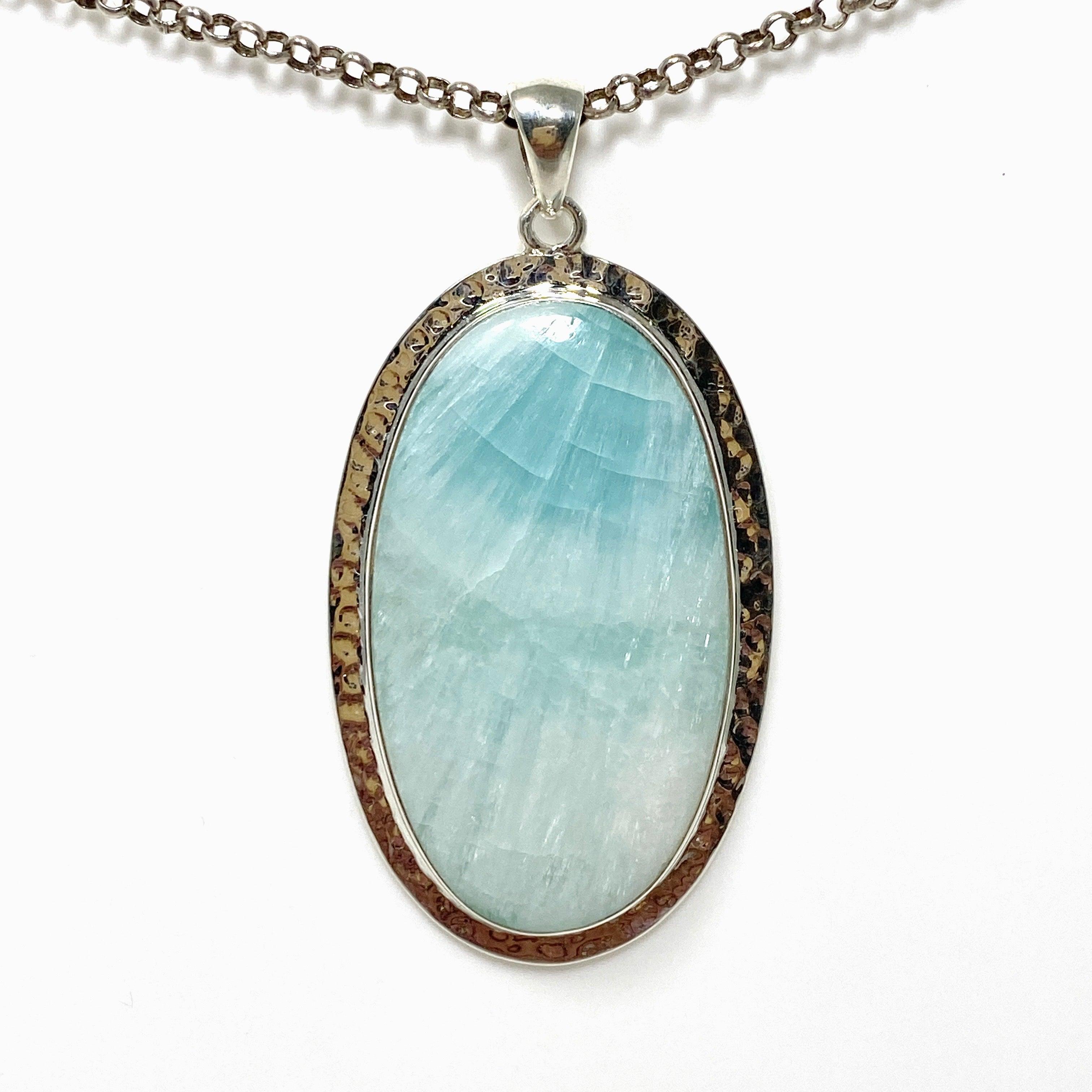 Blue Aragonite Oval Pendant in Hammered Sterling Silver Setting KPGJ4467 - Elegant Jewelry Gift for Women, Perfect for Weddings & Special Occasions