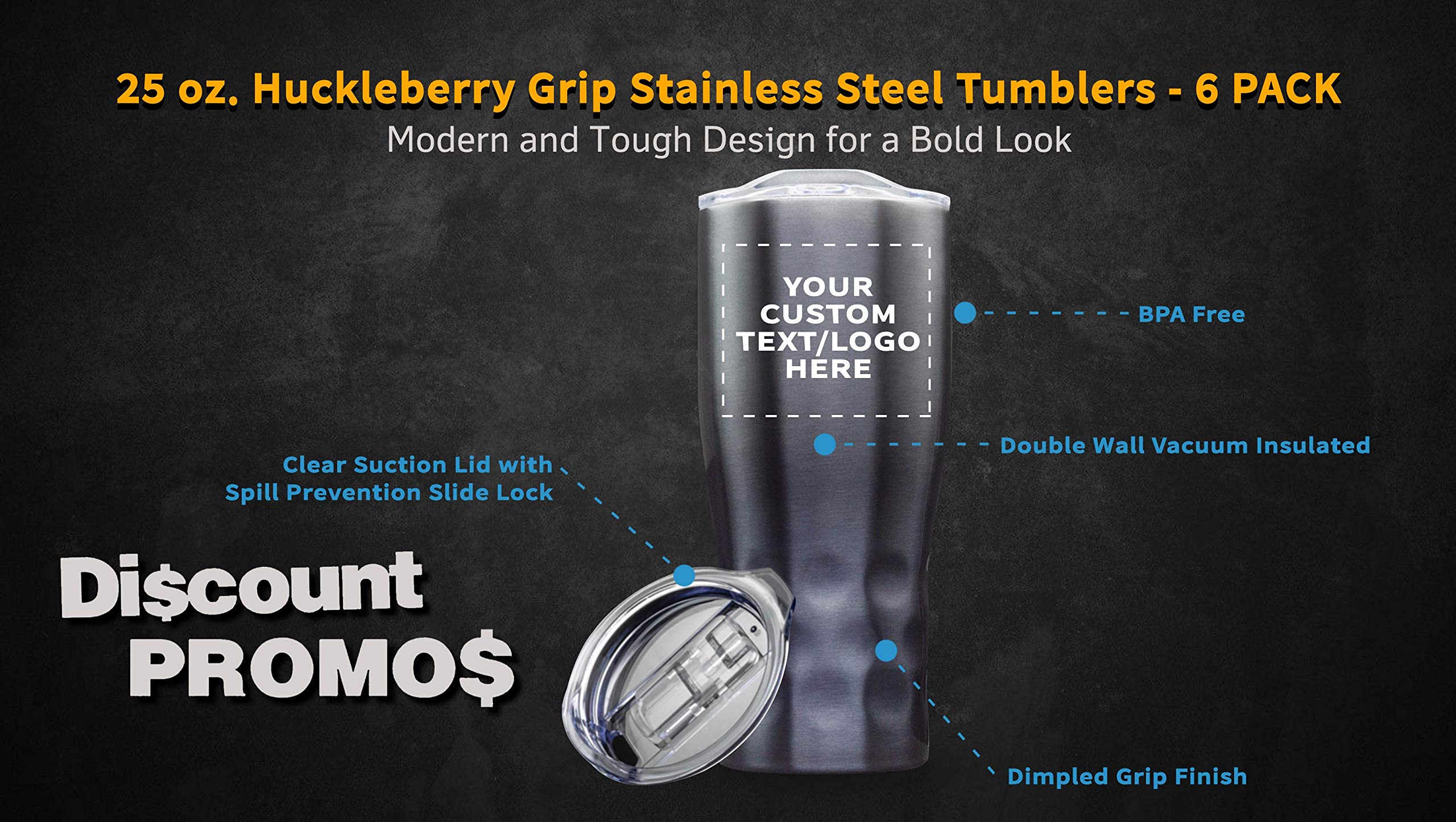 Personalized 25 oz Stainless Steel Tumblers with Huckleberry Grip - 6 Pack Custom Text & Logo - Smoke Finish - Ideal for Outdoor Adventures, Office Use & Gift Giving