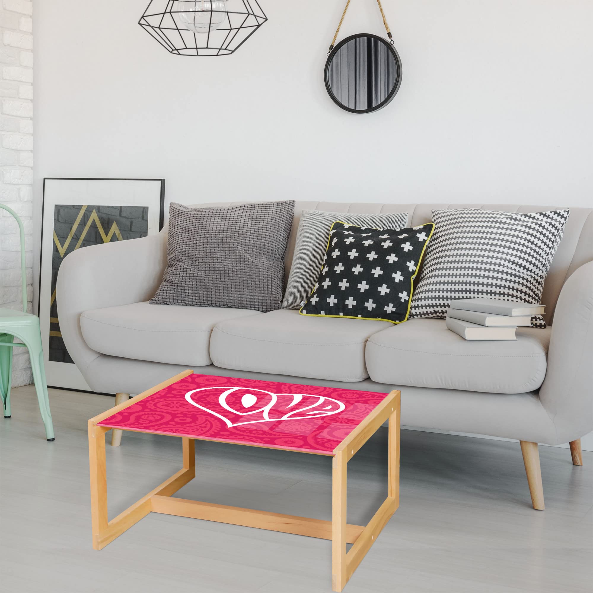 Ambesonne Groovy Coffee Table - Large Pink & White Retro Heart Design, Acrylic Glass Top with Wooden Frame for Office, Dorm, Living Room | Mid-Century Modern Home Decor for Small Spaces & Apartments