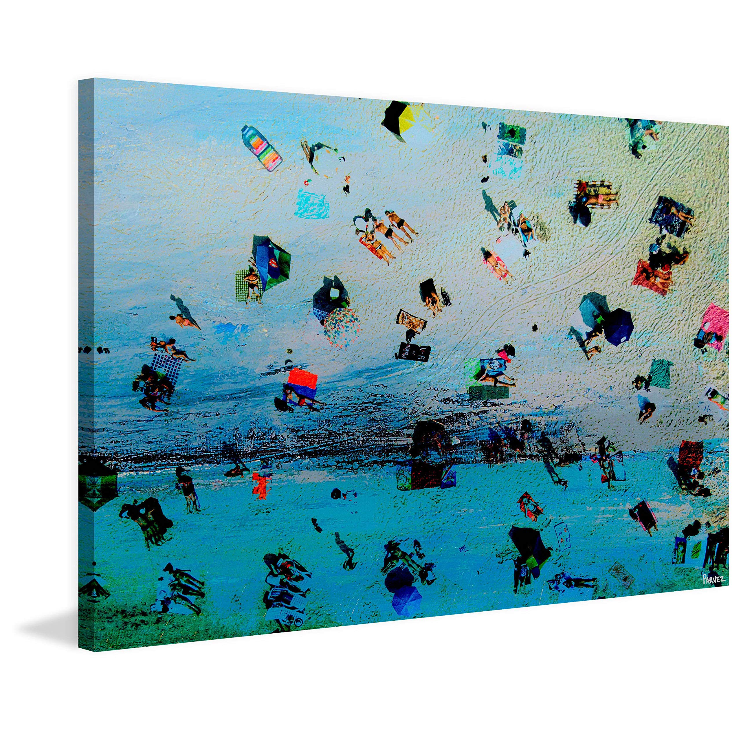 Parvez Taj Handmade Beach at Dusk Canvas Wall Art - 24x16 Inch Stretched Framed Ready to Hang - Sunset Ocean Painting for Living Room, Bedroom & Office Decor