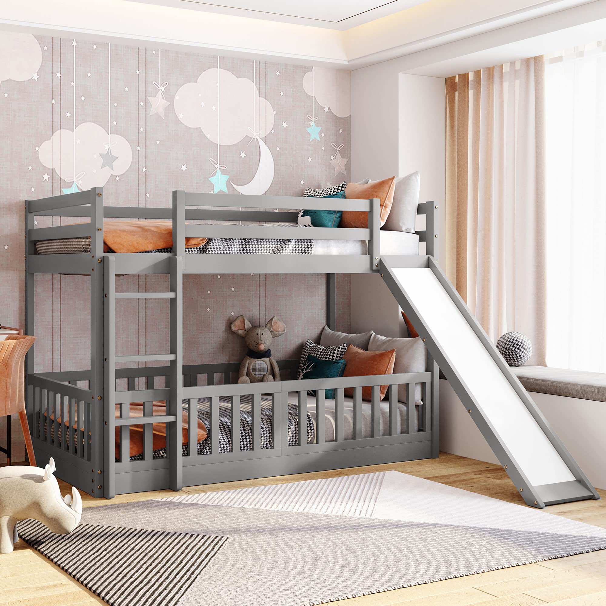 Harper & Bright Designs Twin Over Twin Bunk Bed for Kids with Slide & Ladder - Solid Wood Low Bunk Bed Frame, No Box Spring Needed - Perfect for Small Rooms, Siblings Sharing & Sleepovers (Grey)