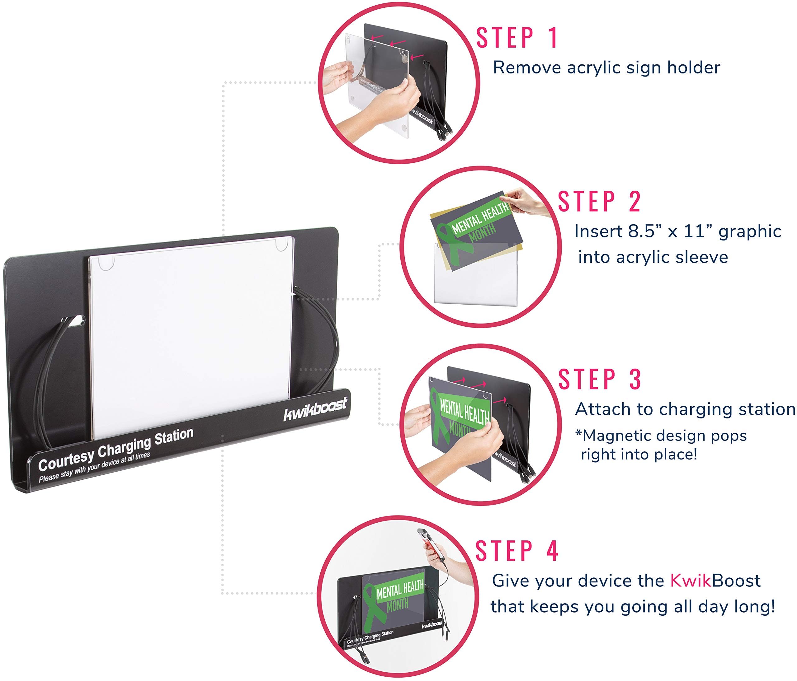 8-Device Wall Mount Charging Station with Acrylic Sign Holder - Black | Multi-Device Charging Hub for Home, Office & Retail Spaces