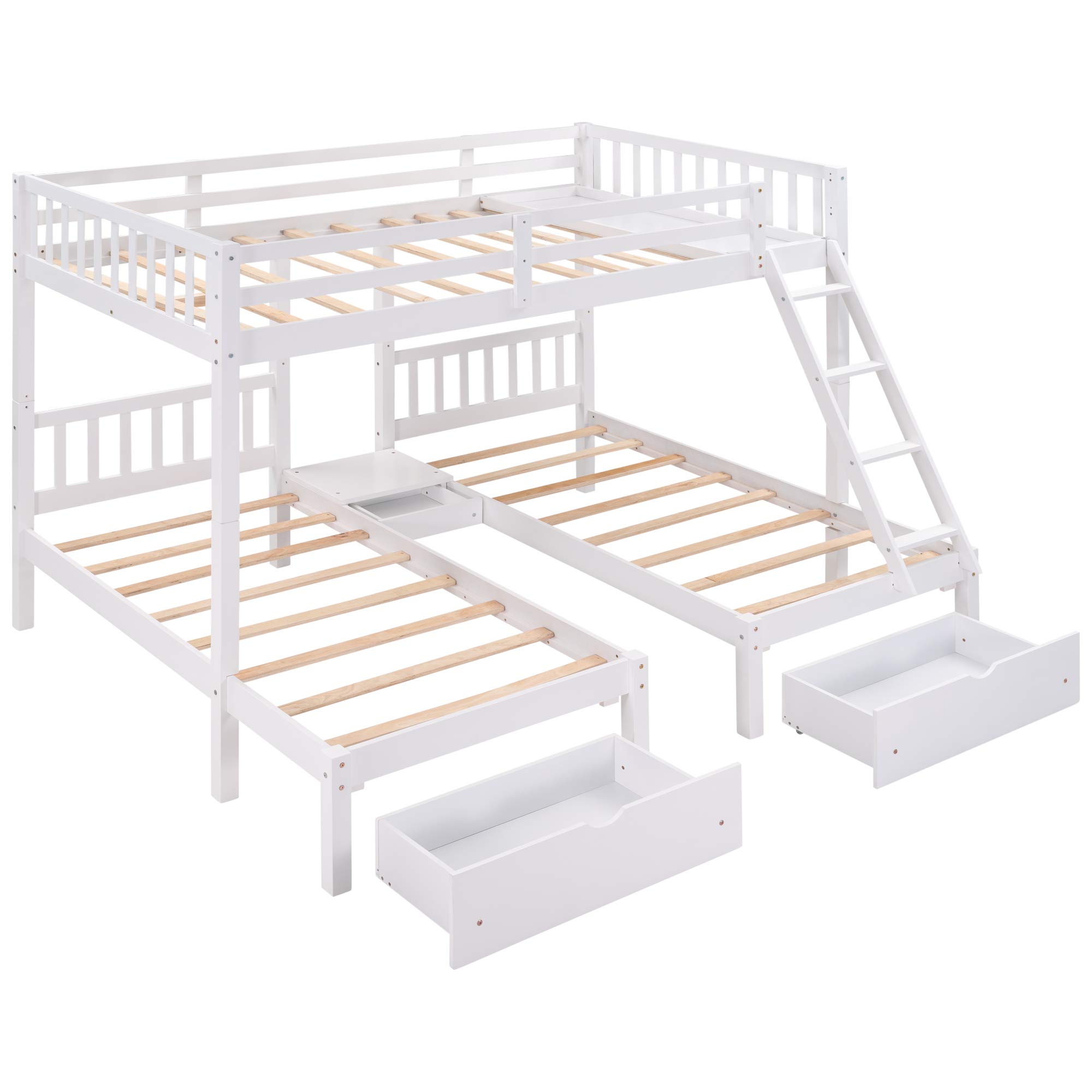 Wood Triple Bunk Bed with 3 Drawers & Guardrails - Full Over 2 Twin Bunk Bed for Family & Teens - No Box Spring Needed - Space Saving Kids Bedroom Furniture for Small Rooms & Vacation Homes