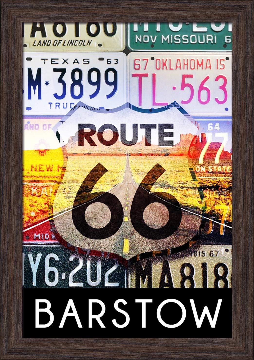 Vintage Route 66 Barstow California License Plate Art Print - 12x18 Giclee on Recycled Wood Frame in Espresso Brown - Perfect for Road Trip Decor & Americana Home Office Wall Art