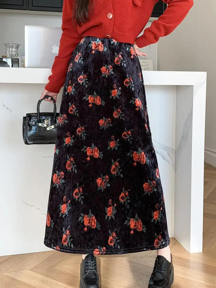 Vintage Floral Print Velvet Long Skirt for Women - Black Red High Waist A-Line Skirt with Elastic Waistband, Bohemian Chic Winter Fashion    Perfect for holiday parties, date nights, boho festivals, and autumn/winter layering.
