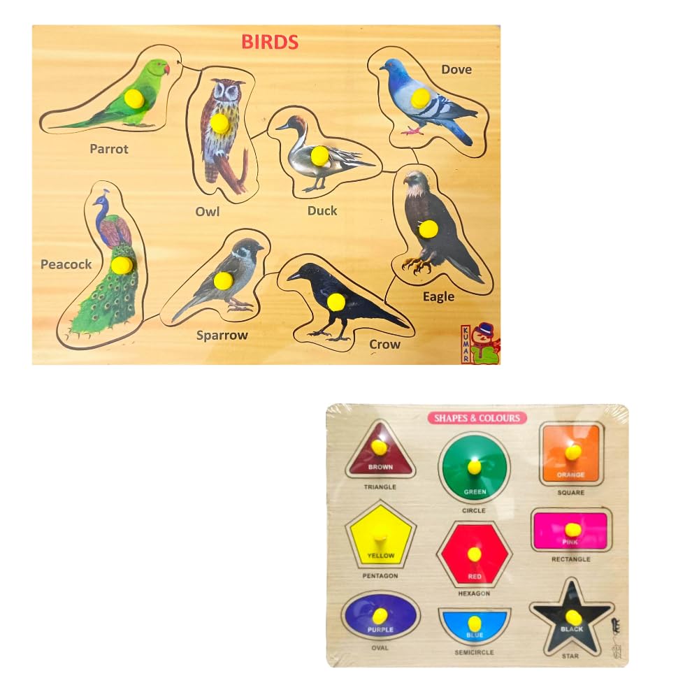 2-Pack Wooden Learning Boards & Jigsaw Puzzles – Educational Wooden Toys for Kids 3+ and Adults | Small Shapes & Birds Puzzle Set | Perfect for Early Childhood Development, Family Game Night, and Montessori Learning Activities