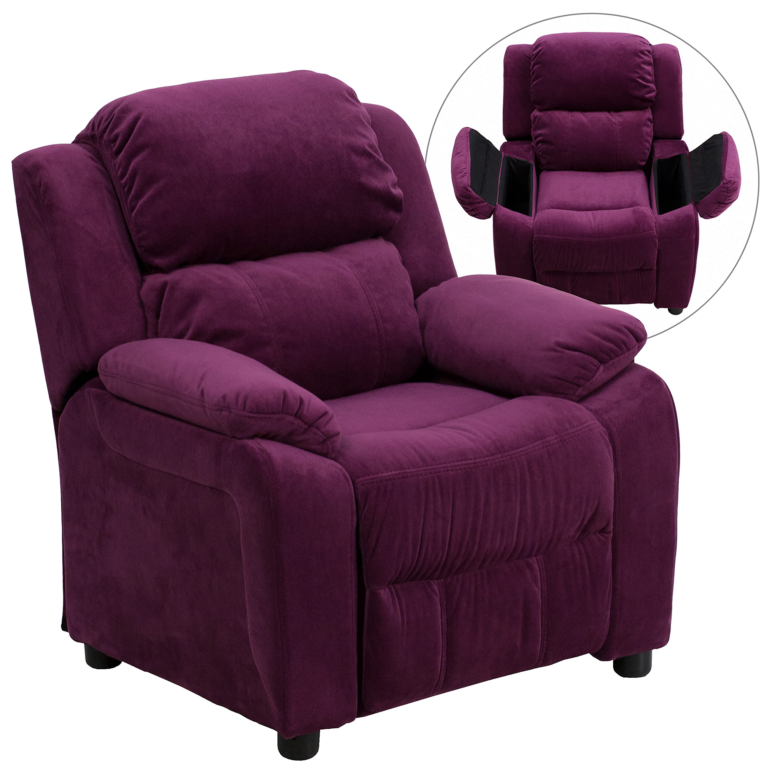 Emma & Oliver Deluxe Purple Microfiber Kids Recliner Chair with Storage Pockets - Soft Padded Armrests for Children's Room, Playroom or Bedroom - Perfect for Reading, Watching TV and Relaxing