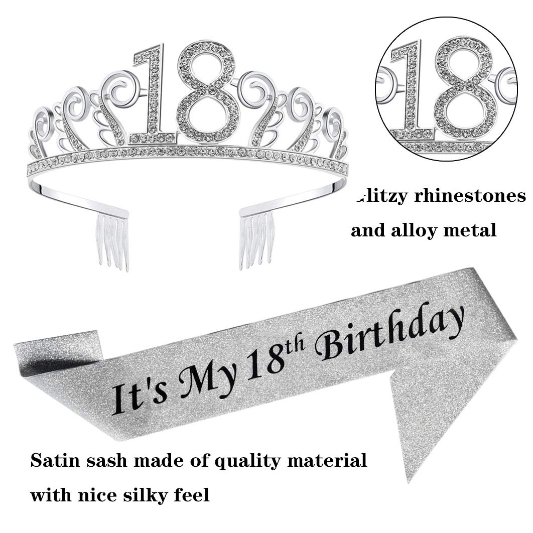 18th Birthday Tiara and Sash Set - Silver Glitter Satin Sash & Crystal Rhinestone Crown for 18th Birthday Party Decorations - Perfect for Sweet 16, Quinceañera, Prom, and Special Occasions