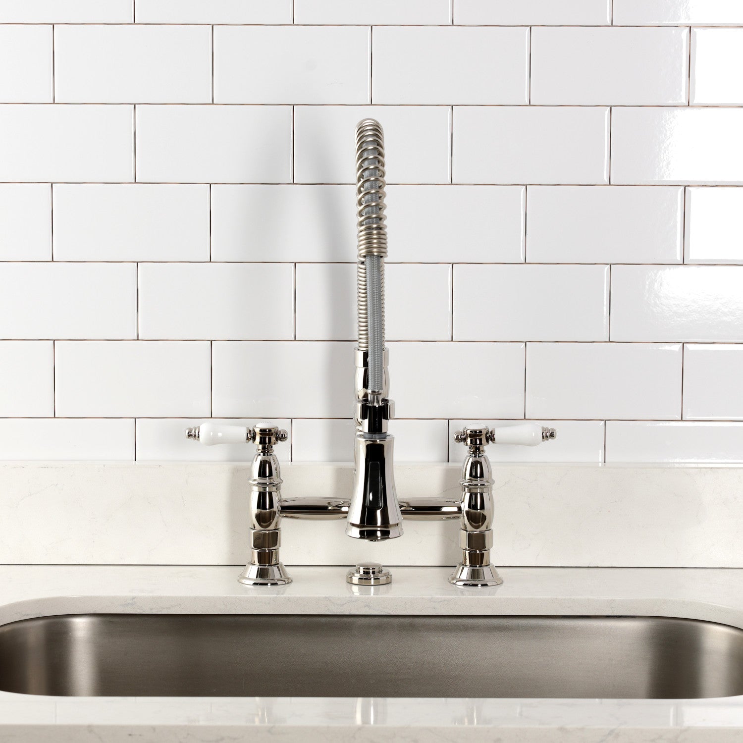 Bel Air GS1276BPL Double Handle 2 Hole Deck Mount Pre Rinse Bridge Kitchen Faucet in Polished Nickel - Perfect for Commercial Kitchens and Heavy-Duty Home Use