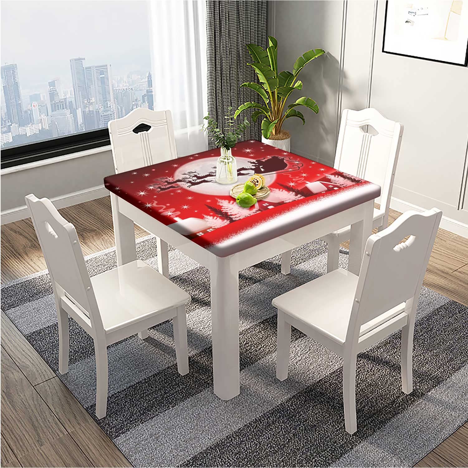 Red Santa & Reindeer Christmas Square Fitted Tablecloth - Polyester Elastic Edge Table Cover 24x24 Inch, Wrinkle & Dust Proof for Holiday Dining, Home Decor, Garden, Patio and Picnic Use